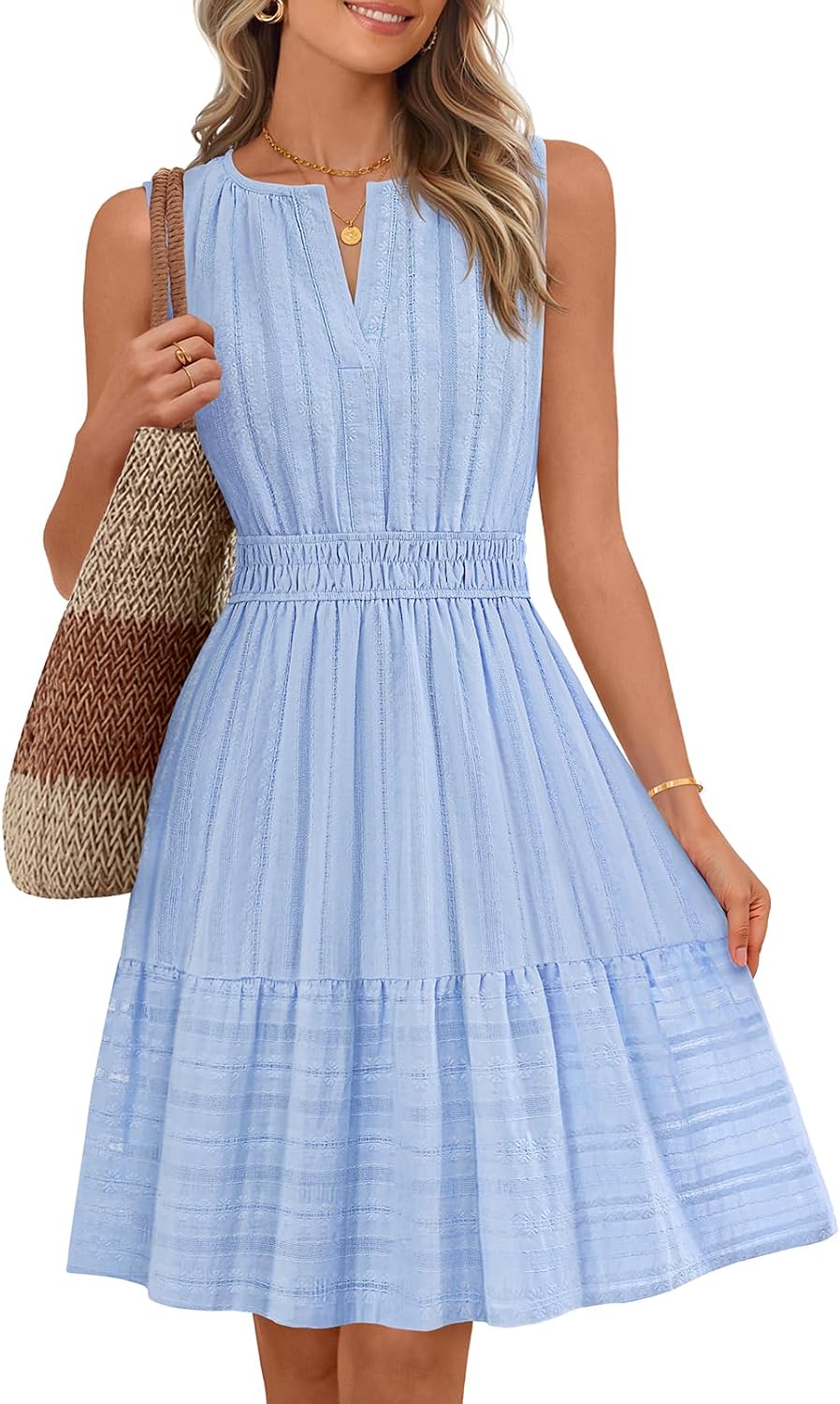 Thumbnail 6 de MEROKEETY Women’s 2026 Summer Casual Mini Sundress with Pockets (Cotton Linen, V-Neck, Elastic Waist)