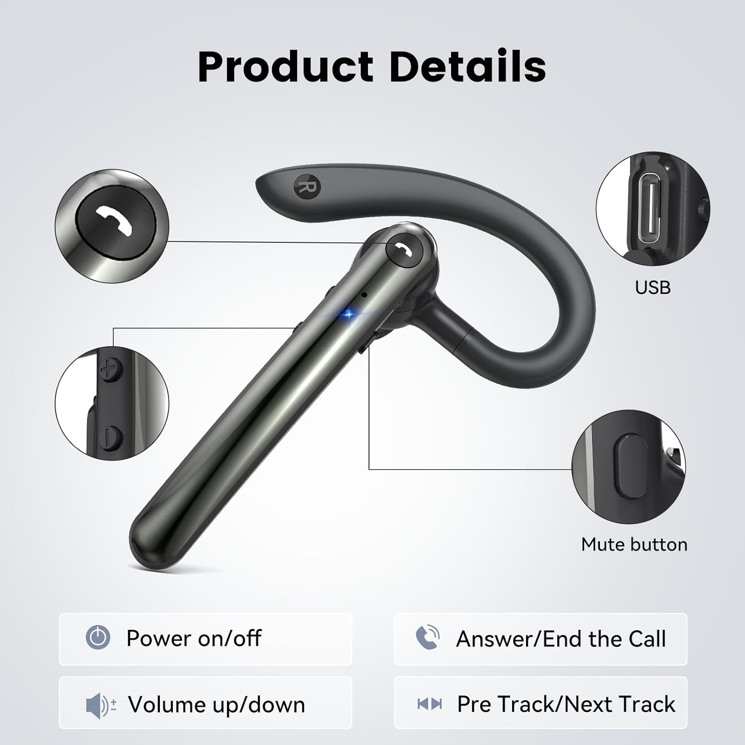 Thumbnail 6 de Bluetooth Headset V5.4 with Dual Mic, Dual Pairing and 18H Playback (handsfree earpiece)