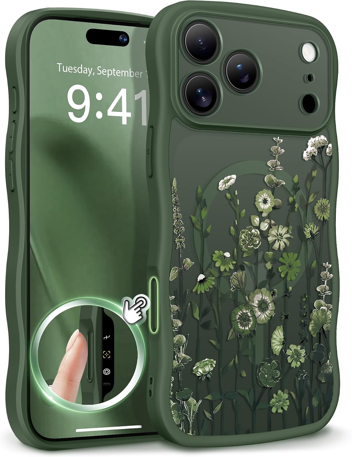 Detalle de GVIEWIN Floral MagSafe Case for iPhone 18 Pro/17 Pro, Forest Green