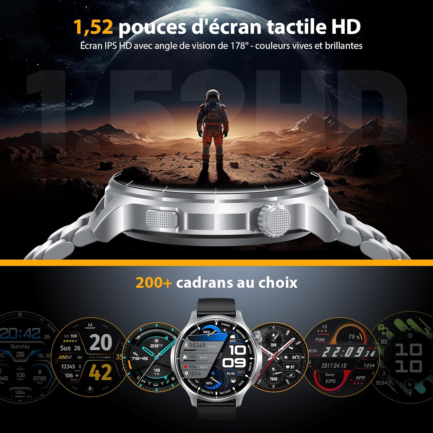 Detalle 2 de Montre connectée homme 1,52" HD avec appels Bluetooth et batterie 1000 mAh