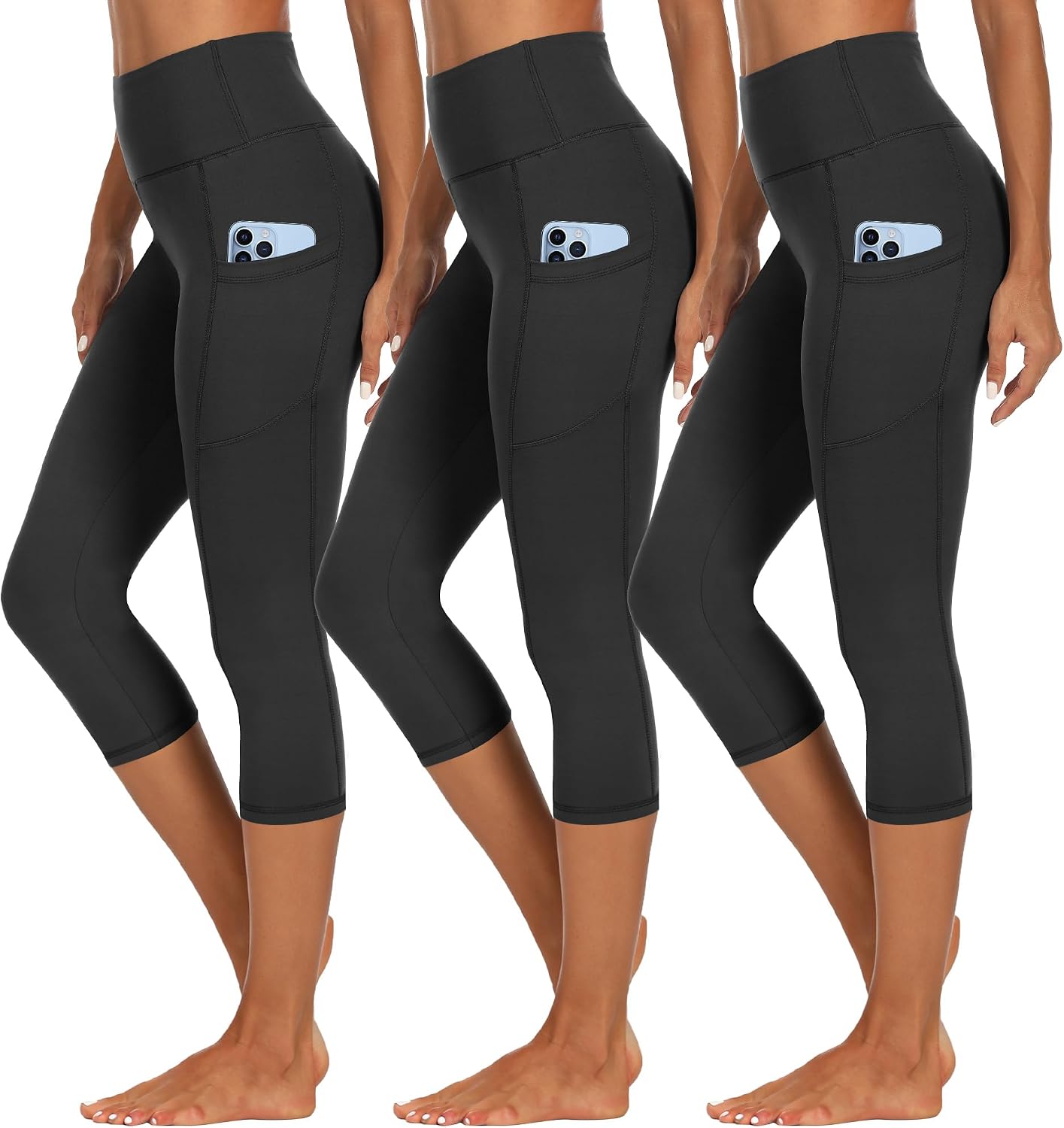 Detalle de HIPOWER 3er Pack Damen Leggings mit Taschen – Capri/3/4 Hose High Waist für Yoga und Fitness