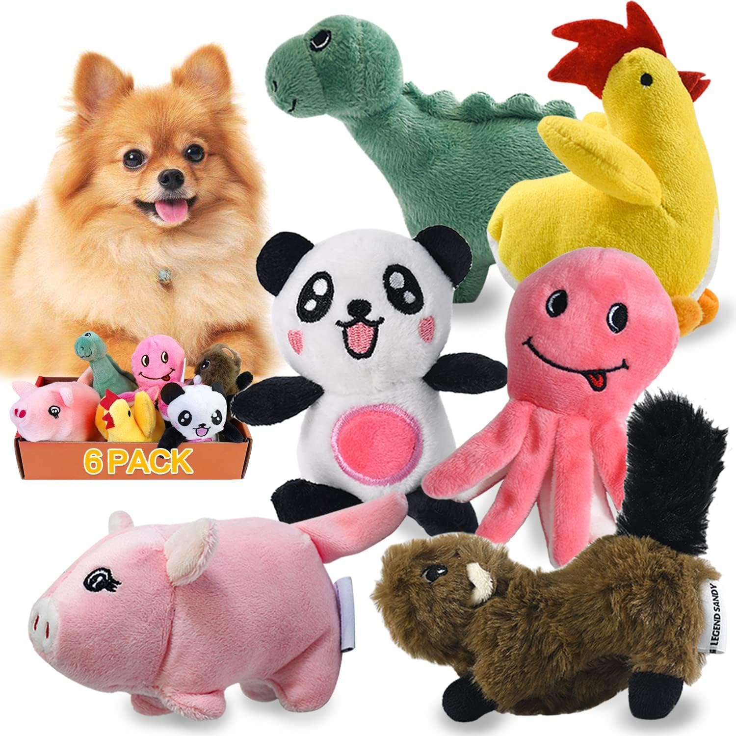 Detalle de LEGEND SANDY Quietschendes Plüsch-Hundespielzeug-Set für Welpen (6-teilig) mit Quietscher