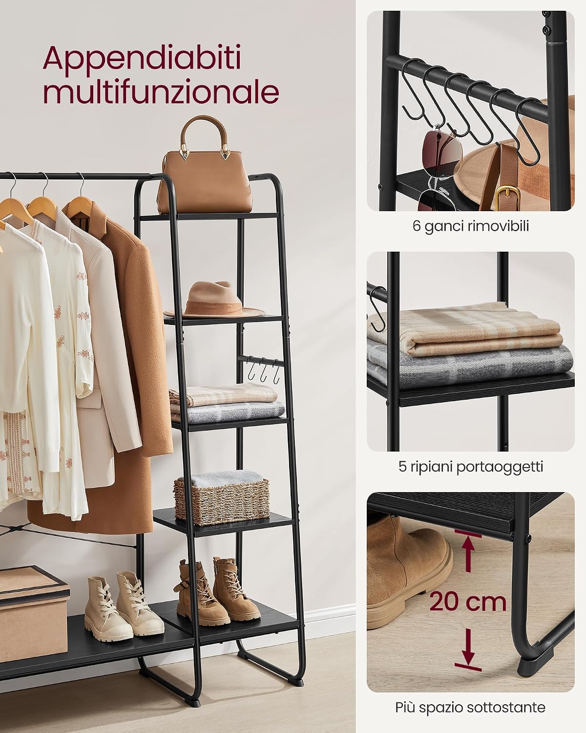 Thumbnail 3 de VASAGLE Stand Appendiabiti RGR116B02: appendiabiti a colonna con scarpiera e 5 ripiani in stile industriale, nero ebano/nero opaco