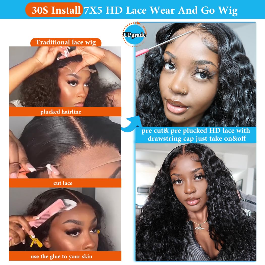Detalle de 7x5 Deep Wave Glueless Wear and Go Human Hair Wig (Pre-plucked, Pre-cut, HD Lace, 210% Density)