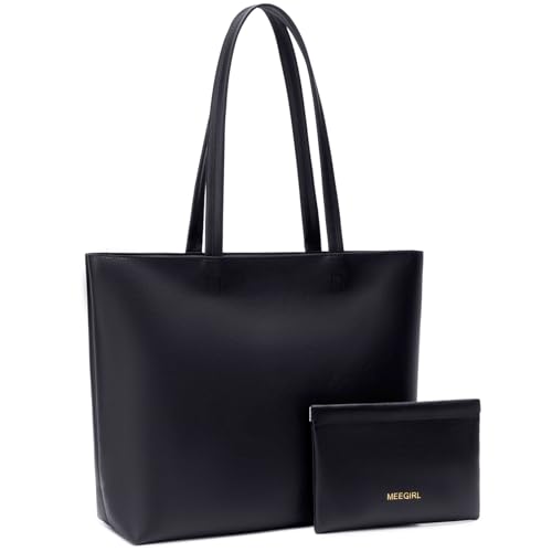 Detalle 2 de MEEGIRL Ladies Tote Bag – Simple PU Leather Tote in Black (M) with Top Zip and Inner Pocket