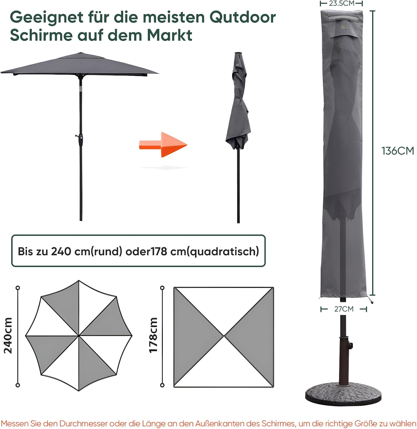 Detalle de Sekey copertura per ombrellone Ø 200 cm (200×150 cm / 200×125 cm) grigio