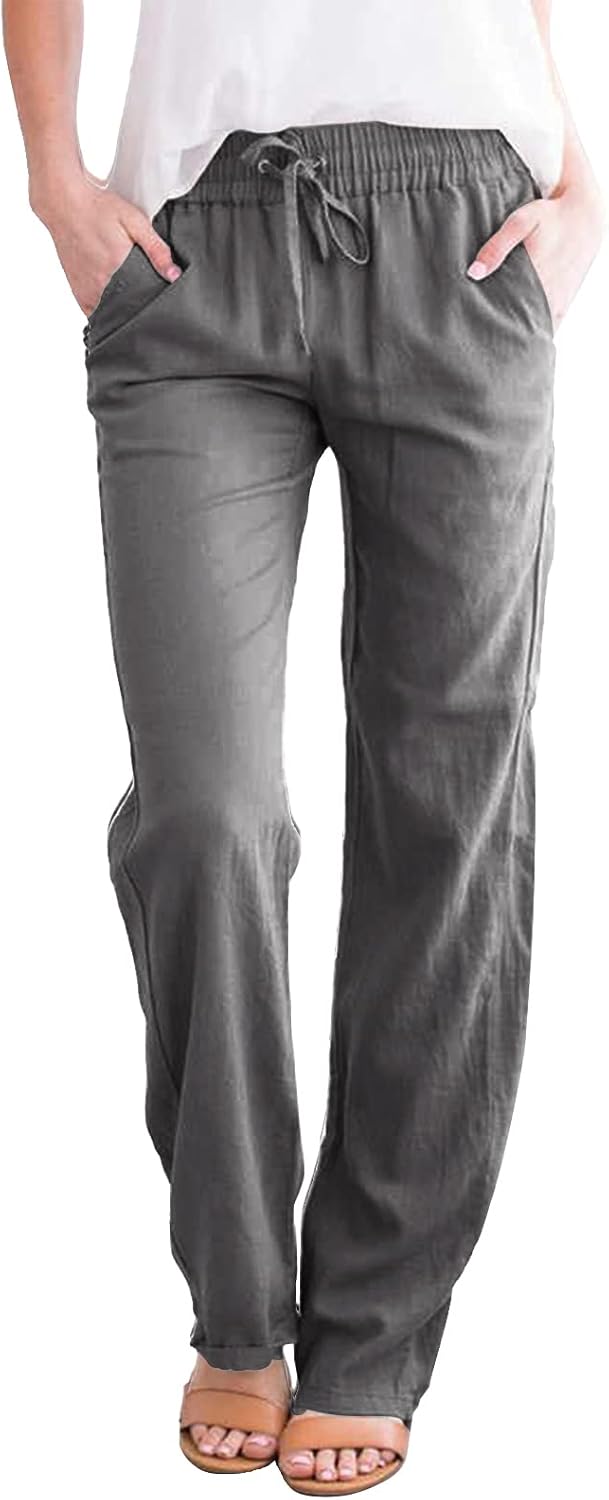 Detalle de Pantalon Femme Yuson en Lin Décontracté – Poches, Taille Élastique, 7 couleurs