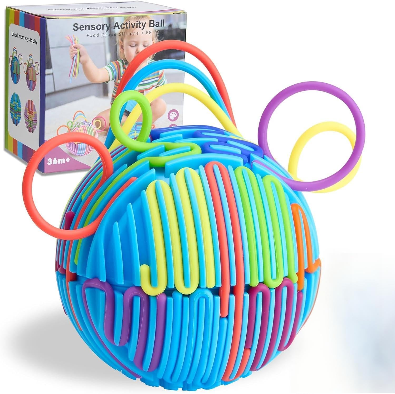 Sensorik Activity Ball mit 16 bunten Silikonstreifen – Stressabbau Spielzeug Blau