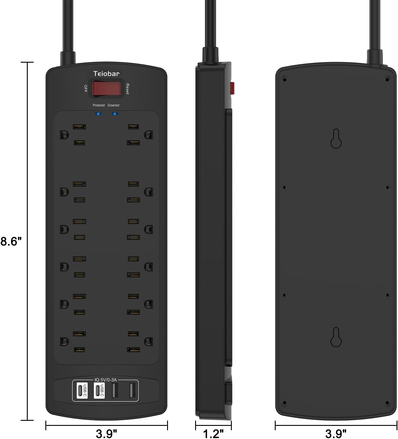 Thumbnail 6 de Teiobar 6 Ft Extension Cord Power Strip with Surge Protection, 12 AC Outlets, and 4 USB Ports (2700 Joules)