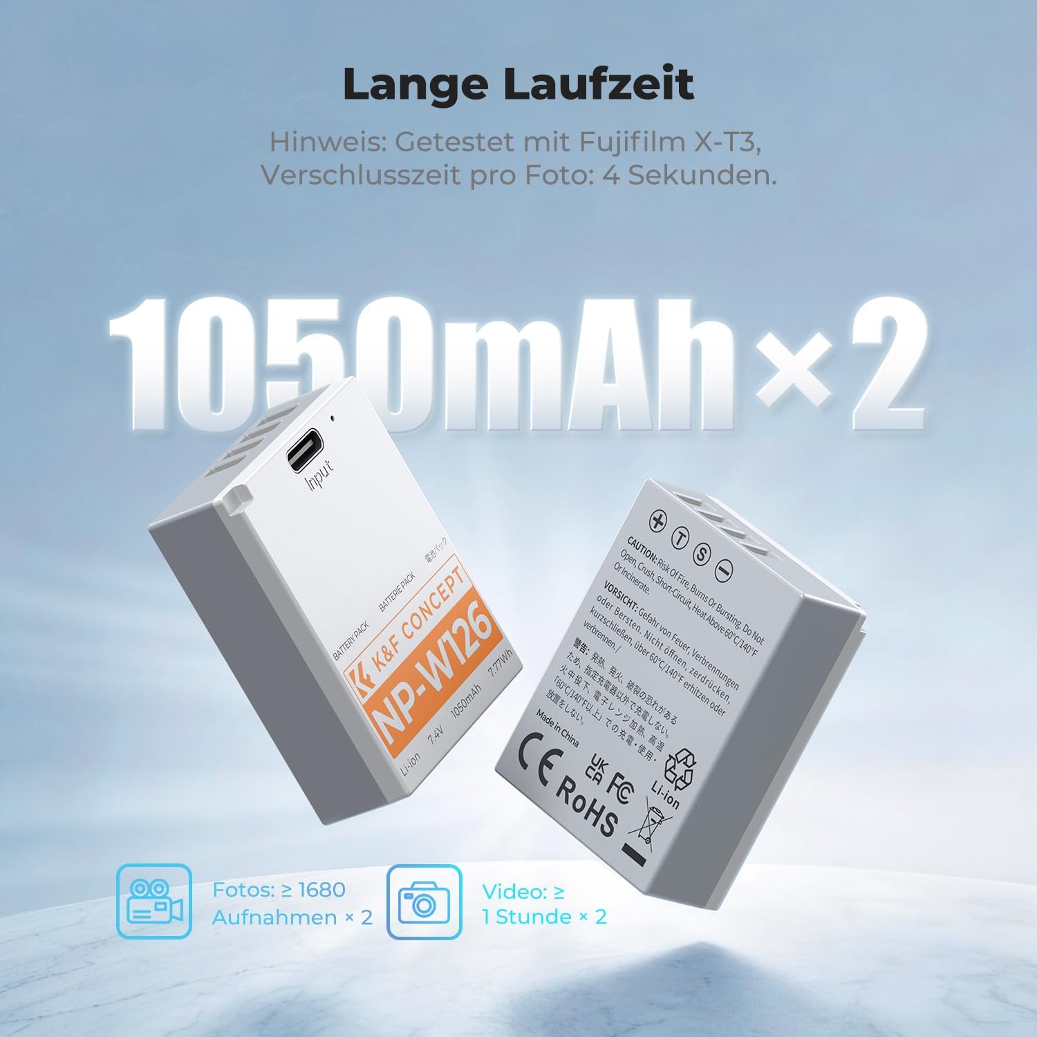 Detalle 2 de K&F CONCEPT NP-W126 / NP-W126S Direkt wiederaufladbarer Akku (1050 mAh) mit USB‑C – passend für ausgewählte Fujifilm X Modelle, 2er Pack