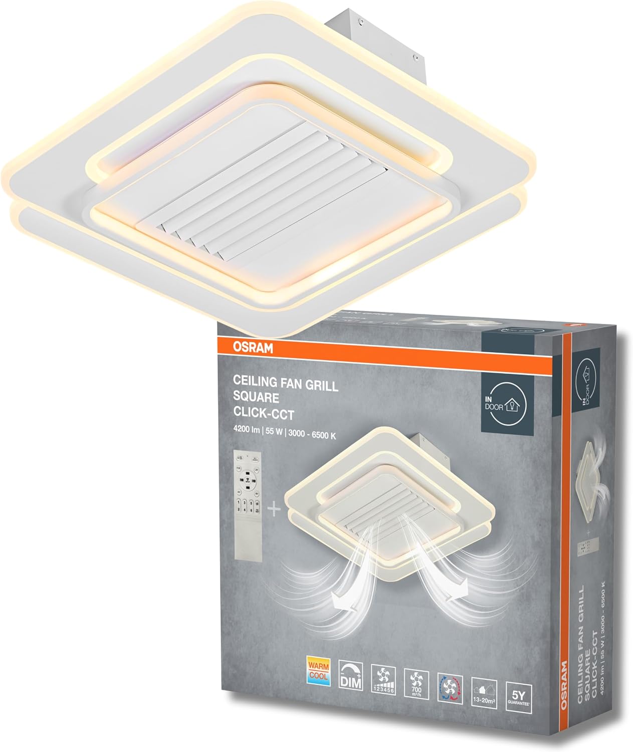 OSRAM Ceiling Fan Grill Square 55W CCT White: Illuminazione a soffitto con controllo colore e luce regolabile