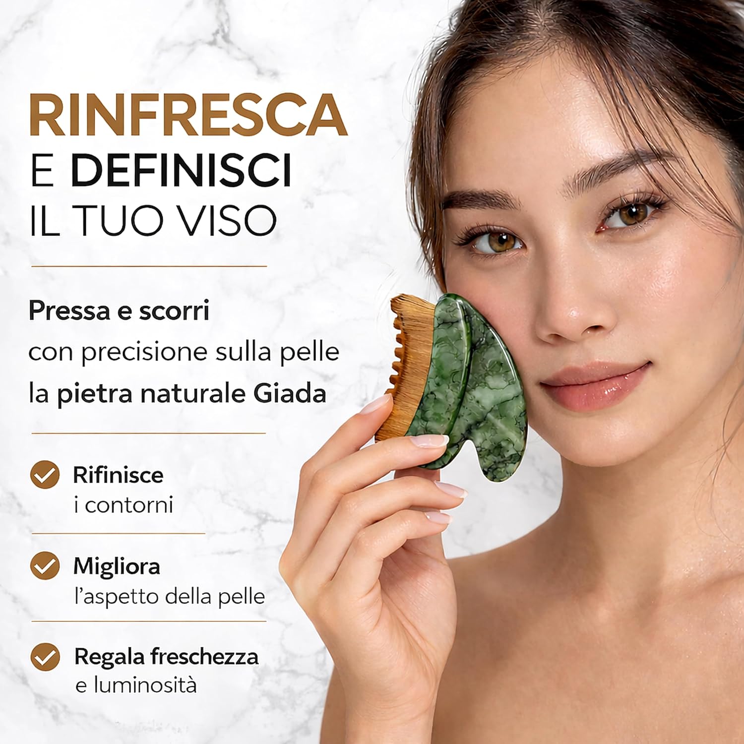 Detalle 2 de Gua Sha Viso in Giada Naturale 2 in 1 Aerthys – Massaggiatore Linfodrenante per Contorno Occhi, Viso e Mandibola
