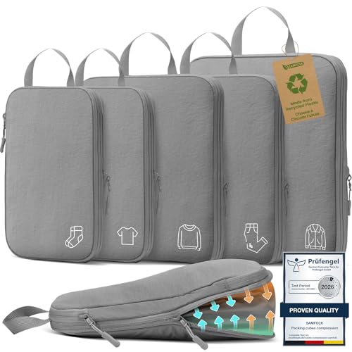 Detalle de Samfolk Organisateurs de valise à compression en nylon, lot de 5, gris