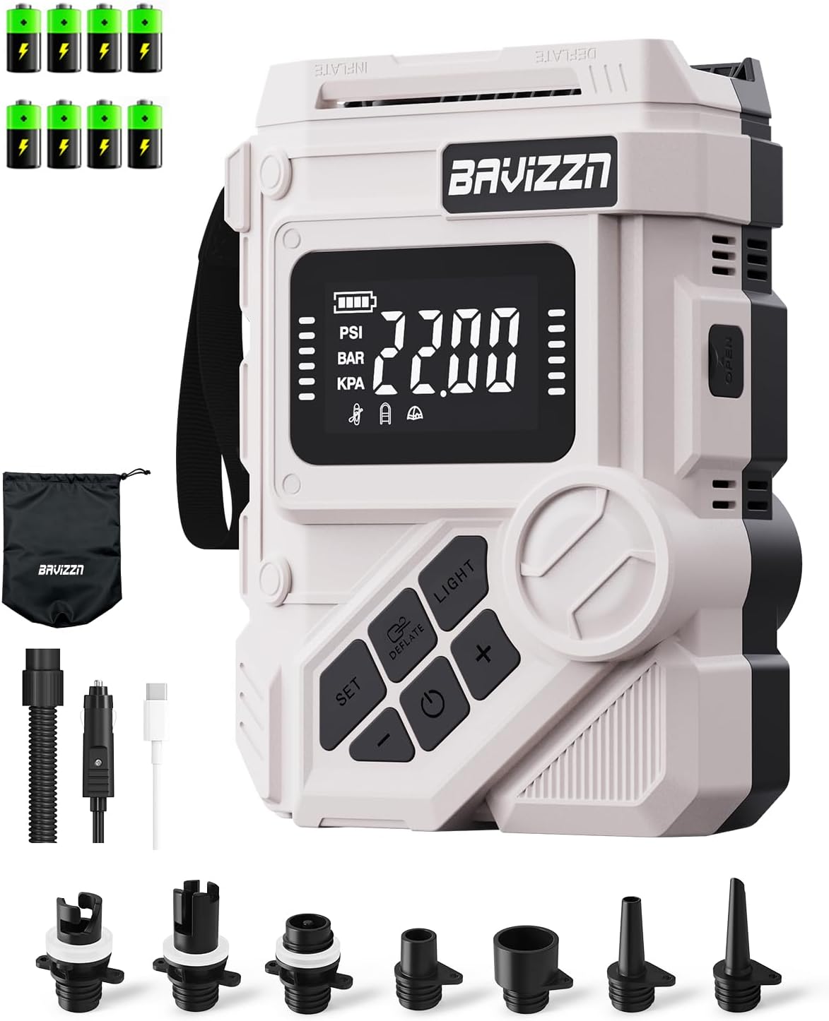 BAVIZZN 22PSI Elektrische SUP Pumpe mit Akku 12VDC – kompakte Allround-Pumpe für Paddleboard, Boote und Kajaks
