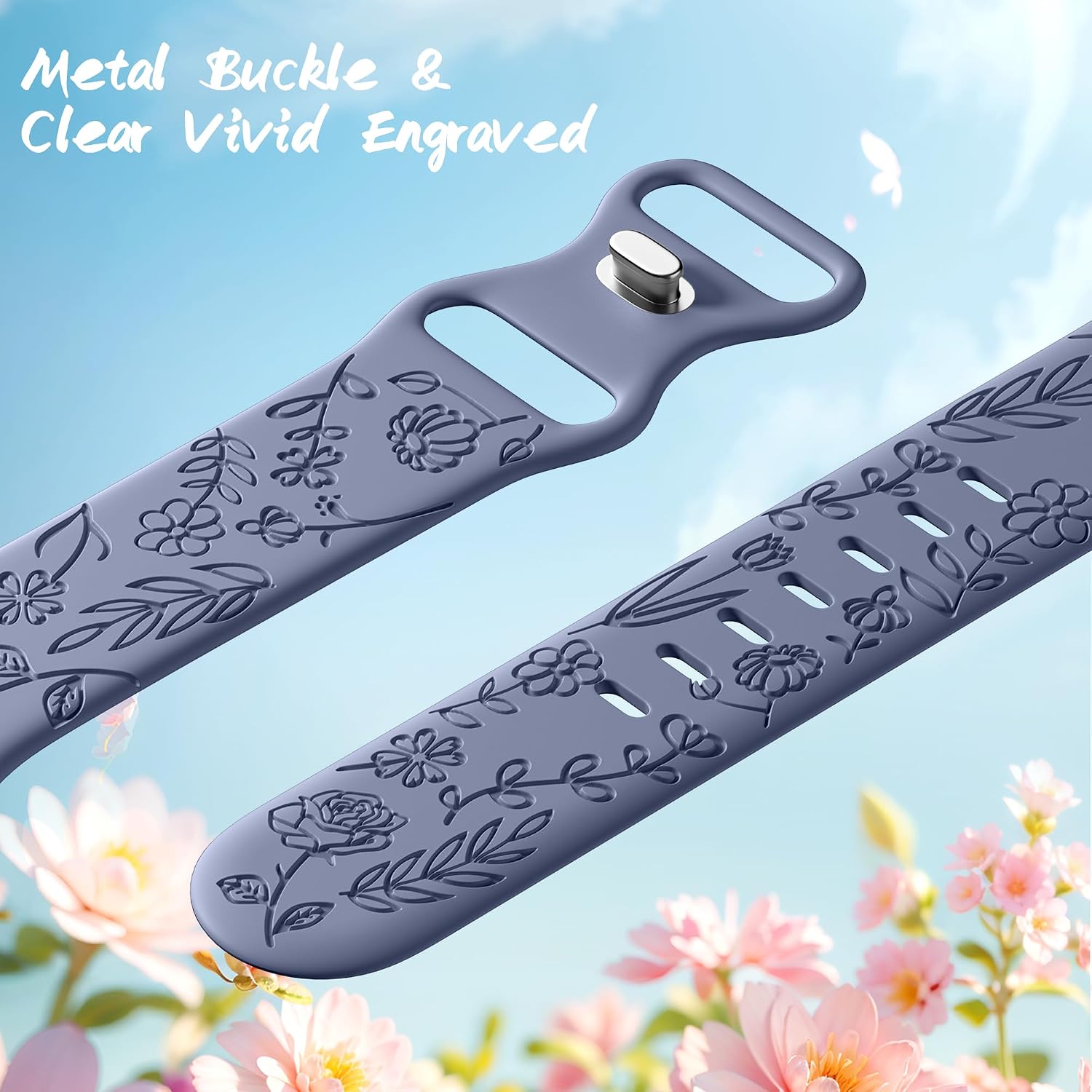 Detalle de SNBLK 6-Pack Floral Engraved Silicone Apple Watch Bands, Sunflower and Rose Designs