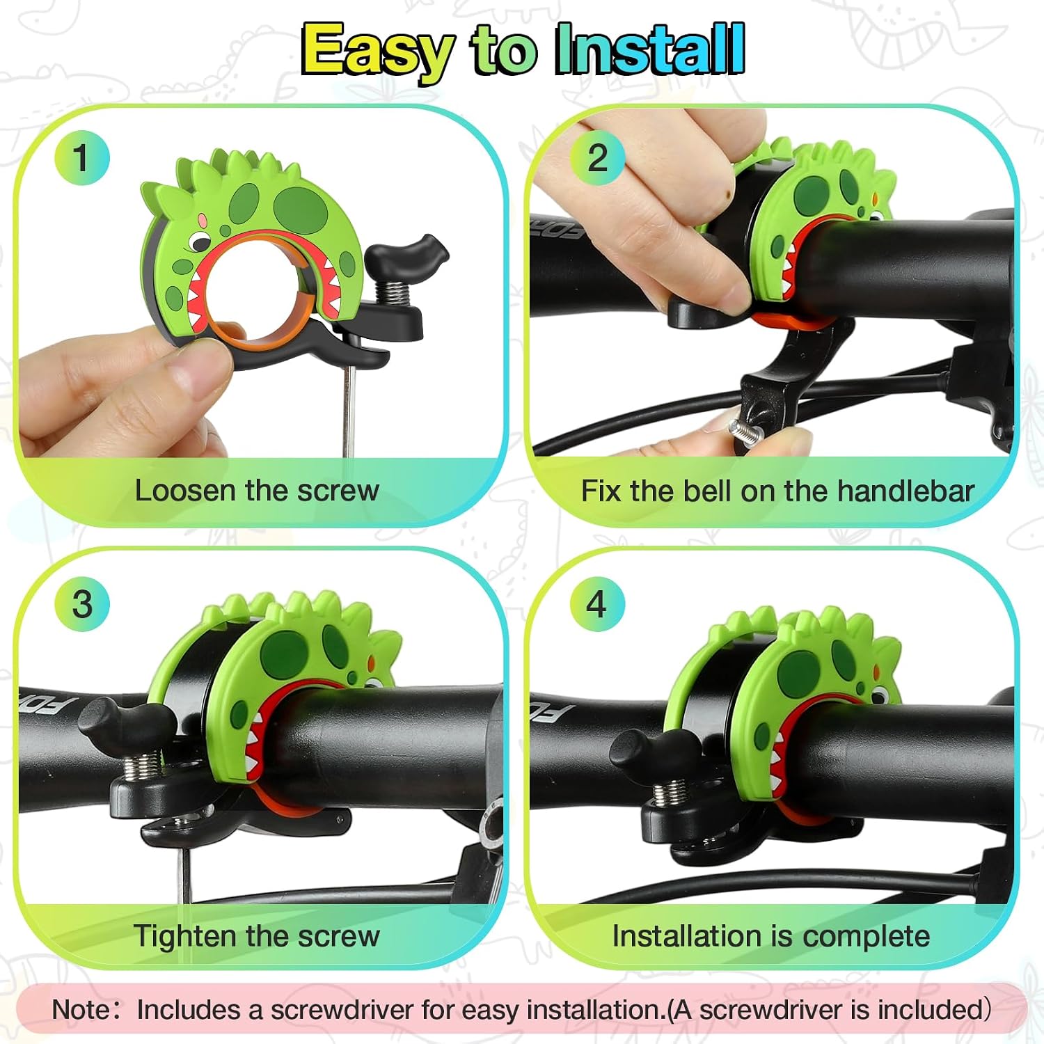 Detalle de toptrek Kids Bike Bell (95dB) Dinosaur Bell for Children’s Bikes & Scooters, Waterproof Alloy Bell