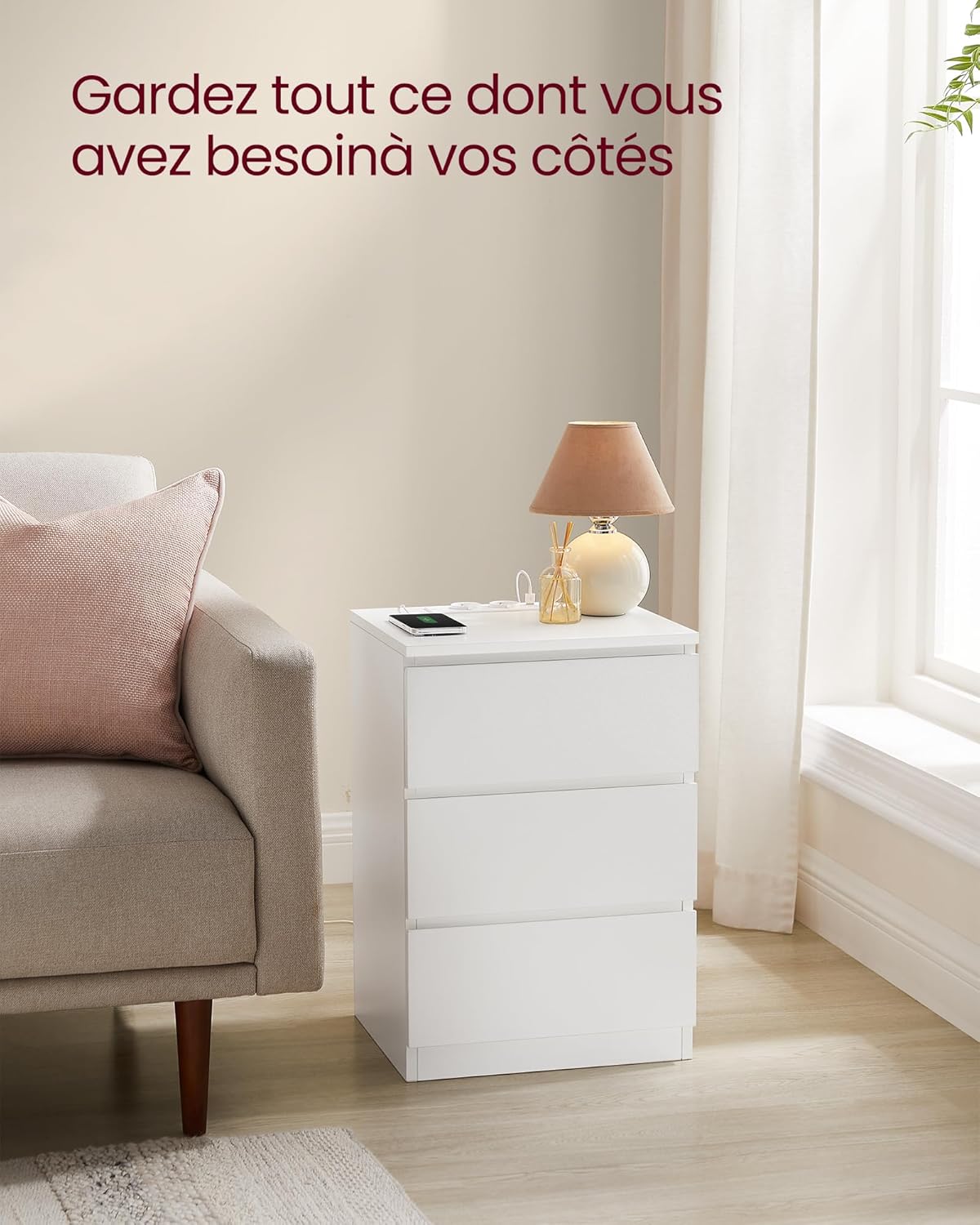 Thumbnail 5 de VASAGLE Kailyn LET831W14 – Lot de 2 tables de chevet avec 3 tiroirs et multiprise (2 prises CA + 2 USB)