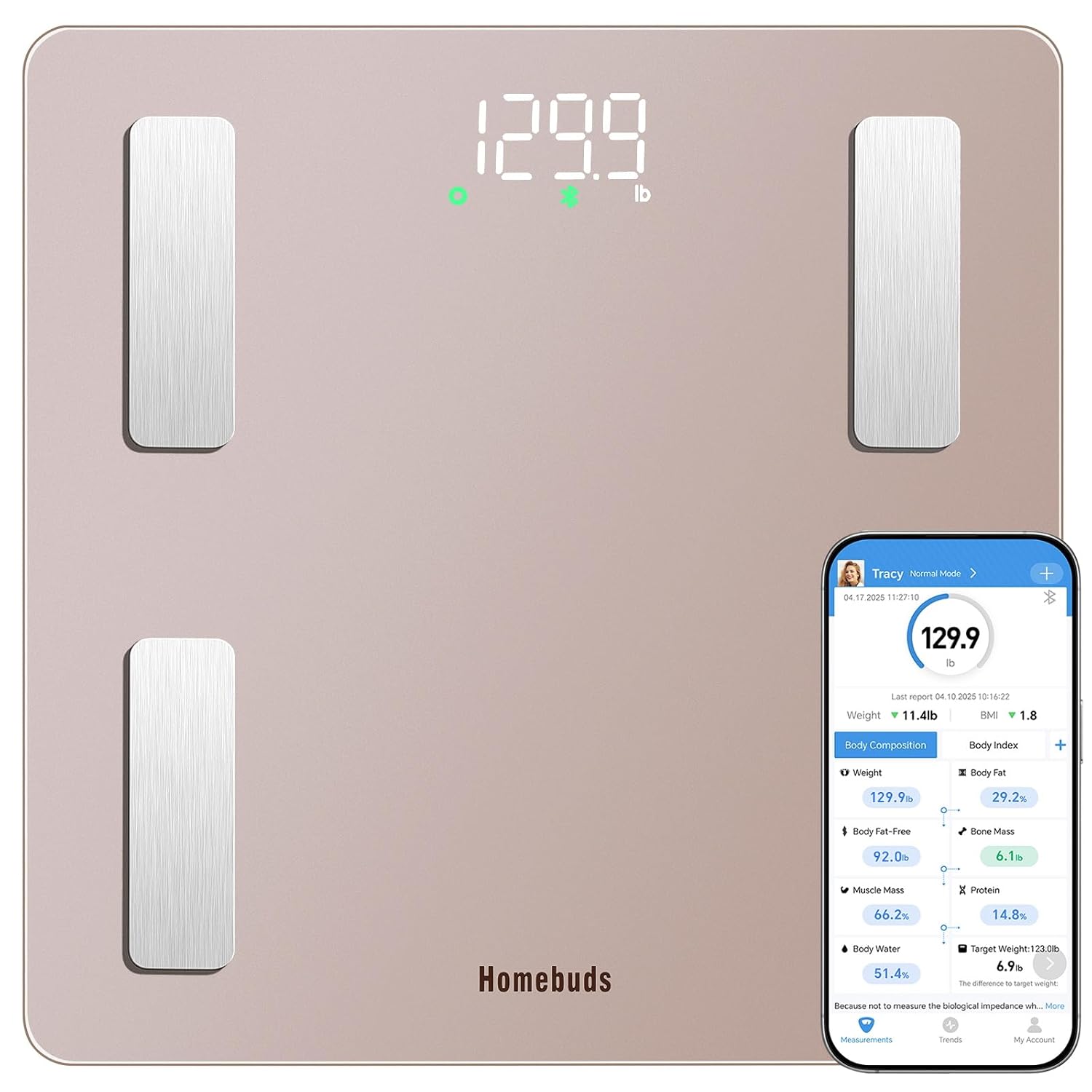 Detalle de HOMEBUDS HB9029 smart personvåg med kroppssammansättning, 182 kg, roséguld