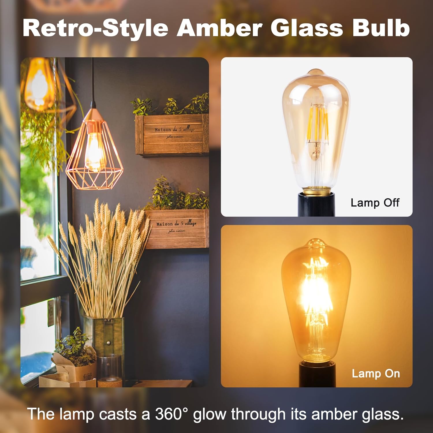 Detalle 2 de DiCUNO Vintage Light Bulb E27 Edison Screw Bulb, 6W Warm Amber Glass, 600LM, Non-Dimmable, ST64 (2 Pack)