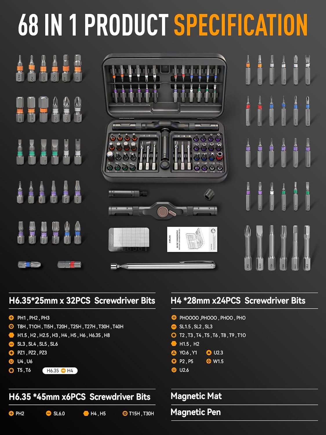 Detalle 2 de KELIN KELIN-68 in 1 Magnetic Ratchet Screwdriver Set with S2 Steel Bits