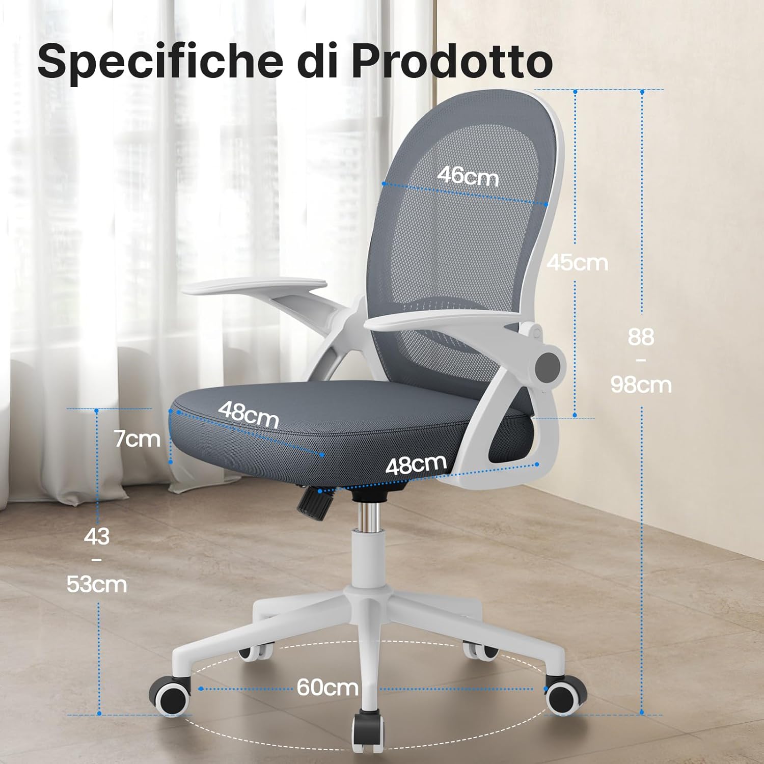 Thumbnail 2 de naspaluro Sedia Ufficio con supporto lombare e rete traspirante, braccioli e altezza regolabile (nero, senza poggiapiedi)