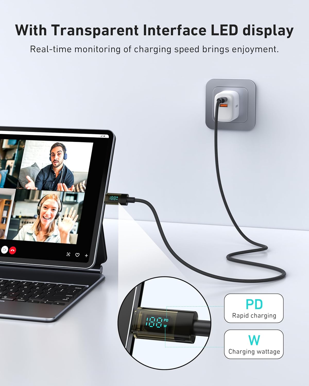 Detalle de BENFEI 100W USB-C auf USB-C Kabel mit LED-Display, 2er-Pack 1 m – Transparentes Schnellladekabel mit E-Marker