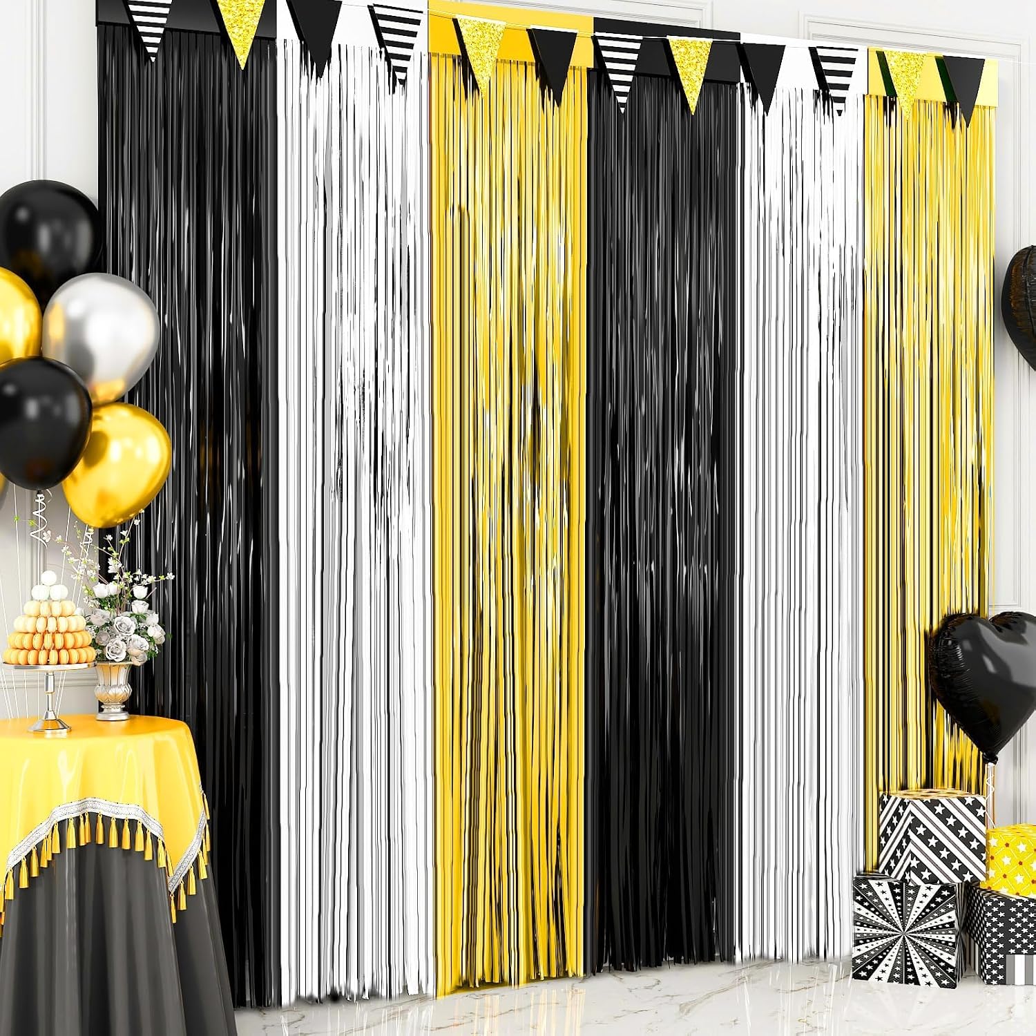 Thumbnail 4 de Black Foil Fringe Curtain Party Decorations (3 Pack) — Shiny Black Tinsel Backdrop