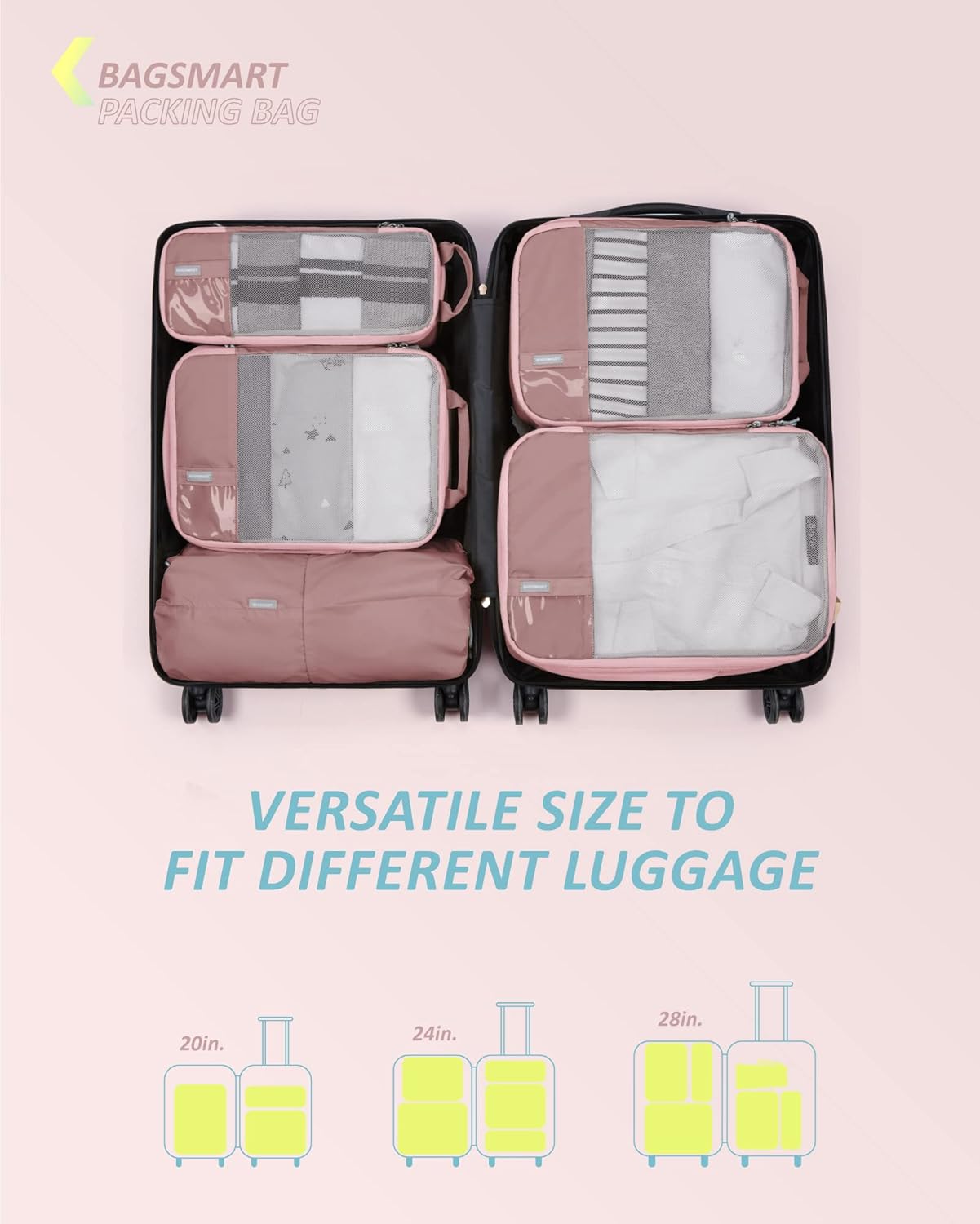 Detalle de BAGSMART Compression Packing Cubes (6-pack) in Dark Pink with Label Pocket