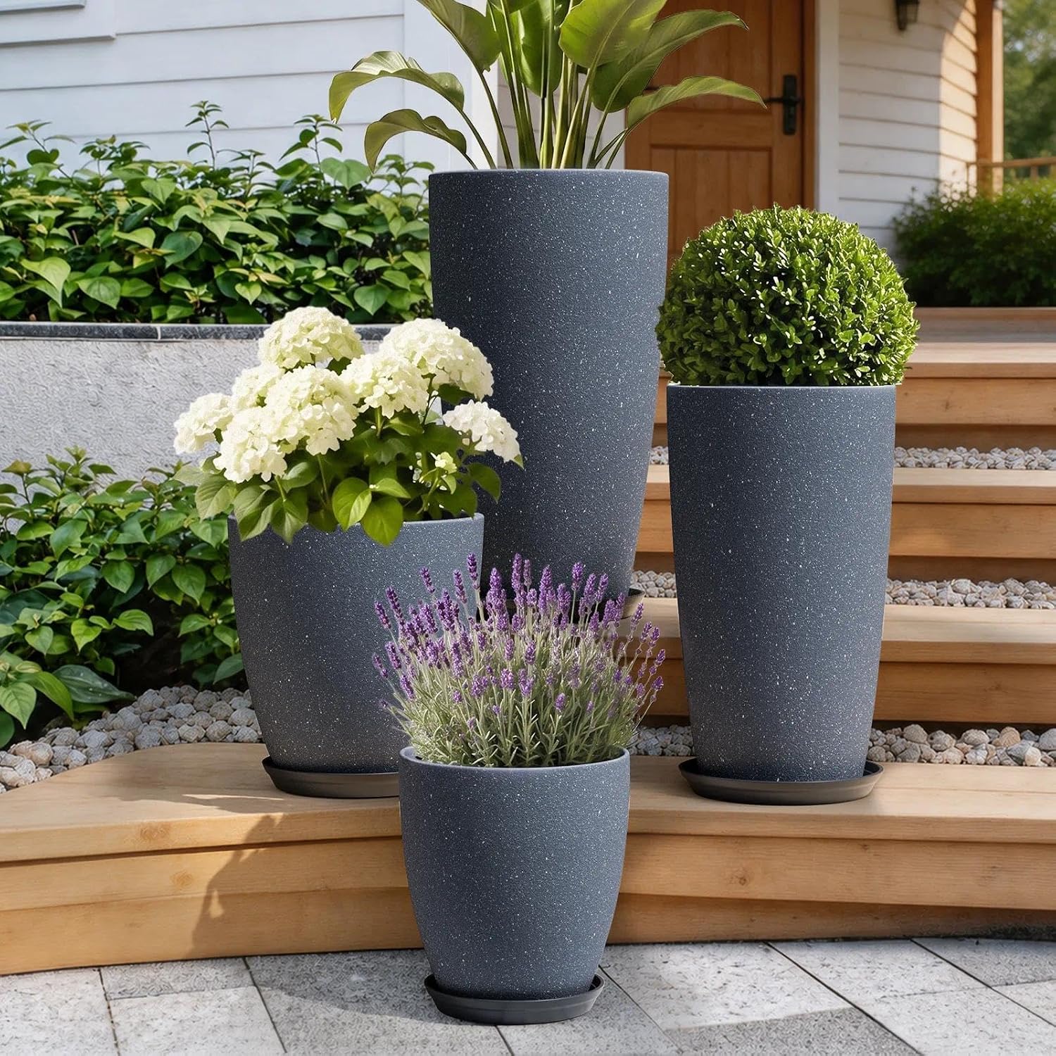 Detalle de ZMTECH 4-Pack Plastic Planters, 21/18/12/10 in, Dark Grey Faux-Stone Finish
