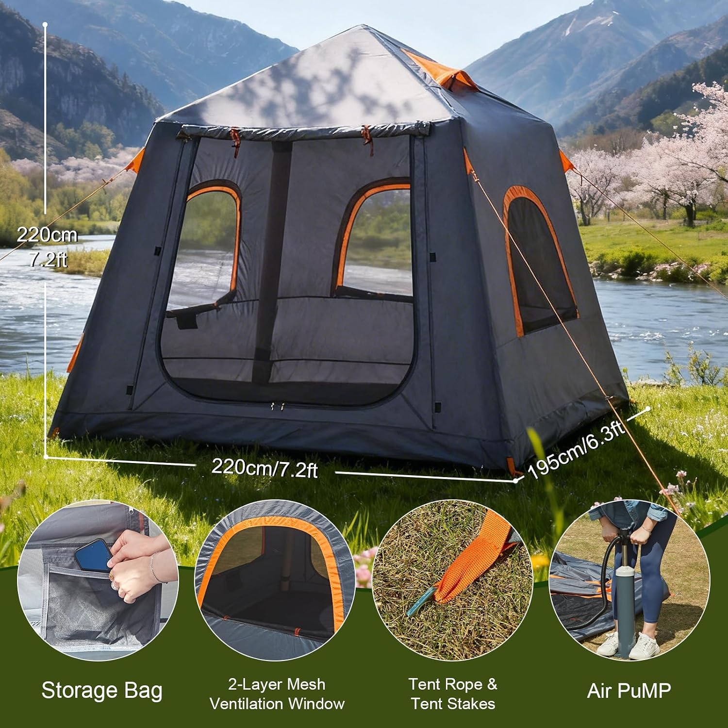 Detalle 2 de Inflatable Camping Tent, 87 × 87 × 77 Inches