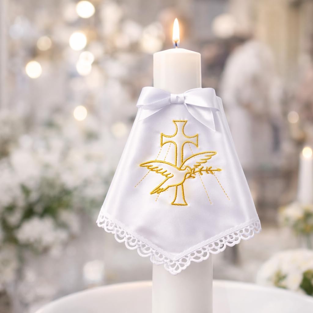 Detalle de Kerzentuch für Taufkerze aus weißem Satin mit Goldstickerei (Taube & Kreuz) – 34 × 34 cm