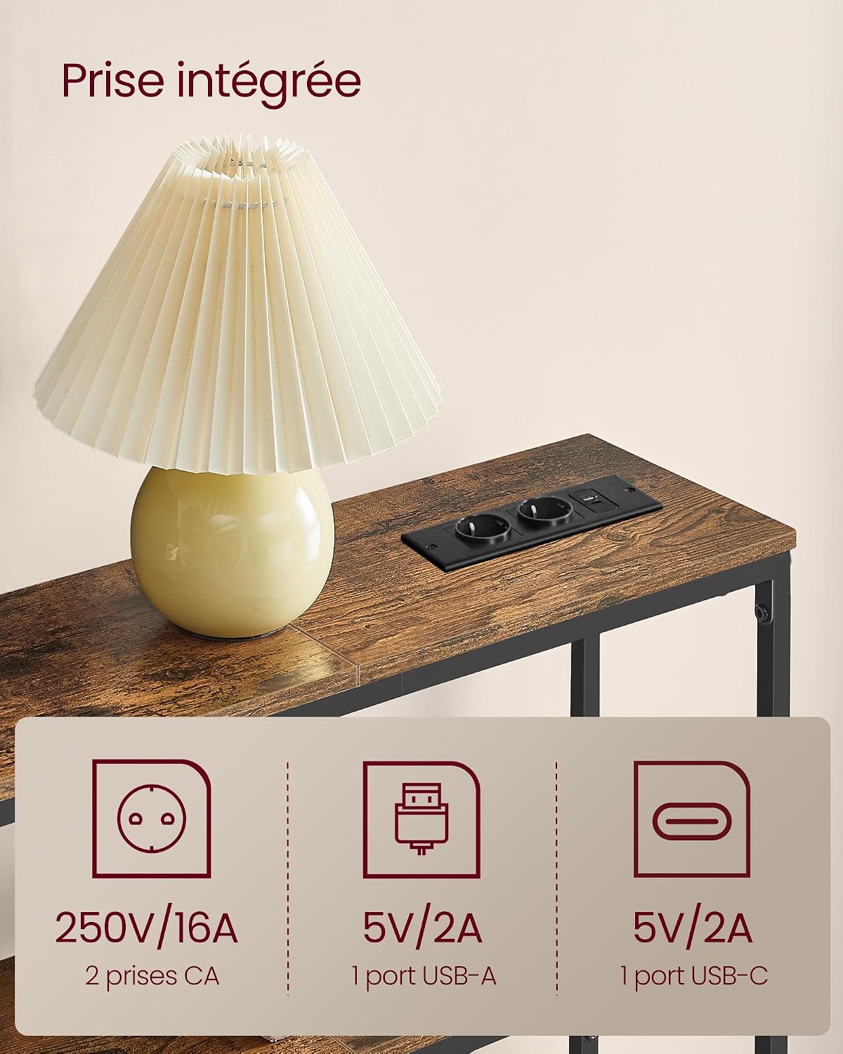 Detalle 2 de VASAGLE LNT136KD01 consoletafel met stopcontact, 2 legplanken, 100 x 20 x 81 cm