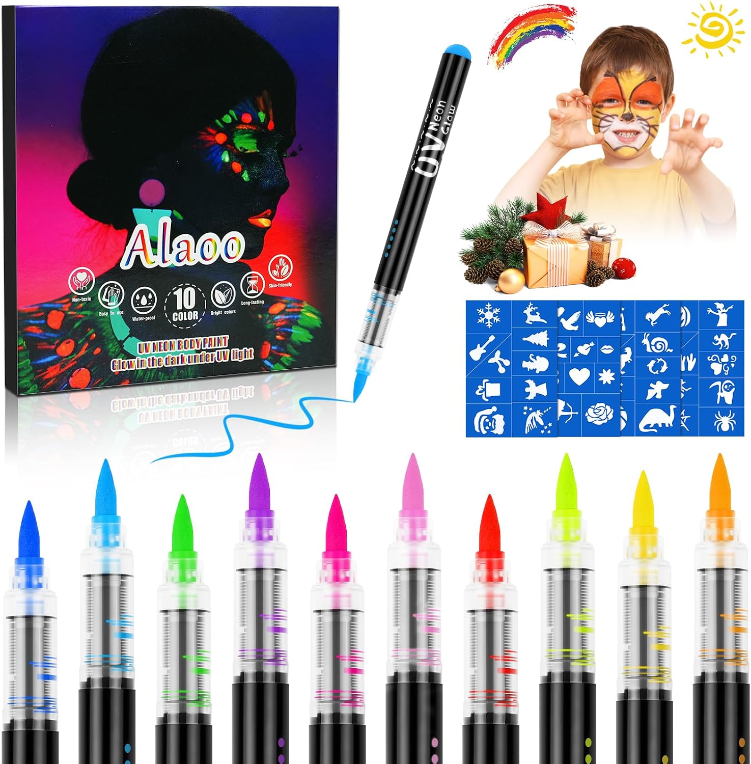 Thumbnail 6 de Alaoo Penne Glitter Neon UV per Tatuaggi Temporanei Bambini (10 pezzi) con 4 stencil