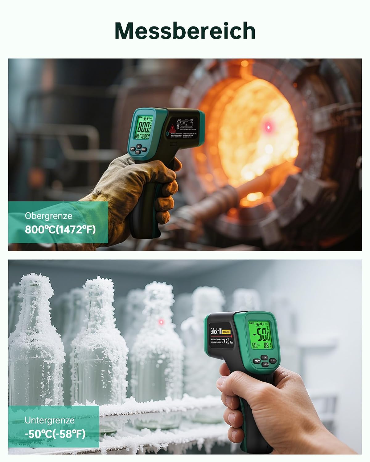Detalle de ERICKHILL Infrarot- und Fleischsonde Thermometer: Laserthermometer & Kerntemperaturmessung von -50 bis 800 °C