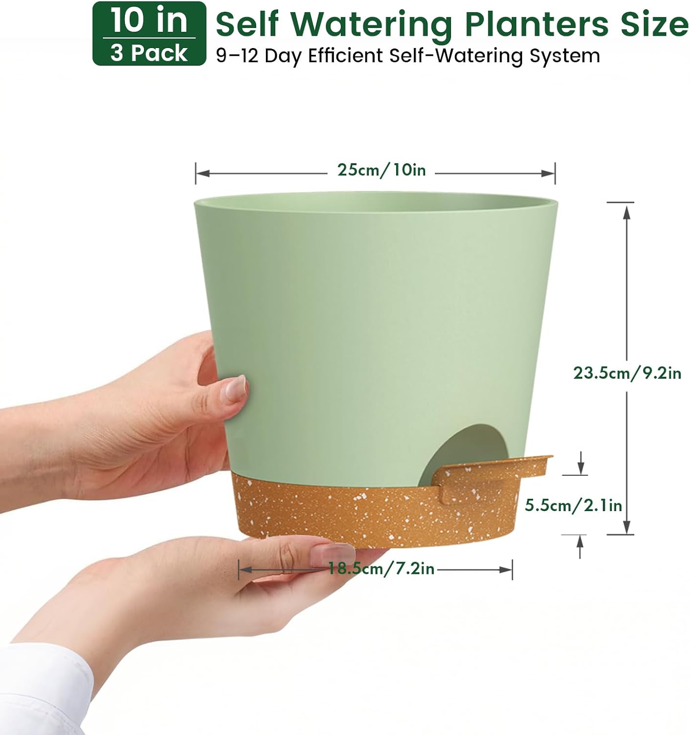 Detalle de WSMKSZ 25cm Large Self Watering Plant Pots (3 Pack) – Thick Plastic, Drainage Holes & Deep Reservoirs with Cotton Wicks