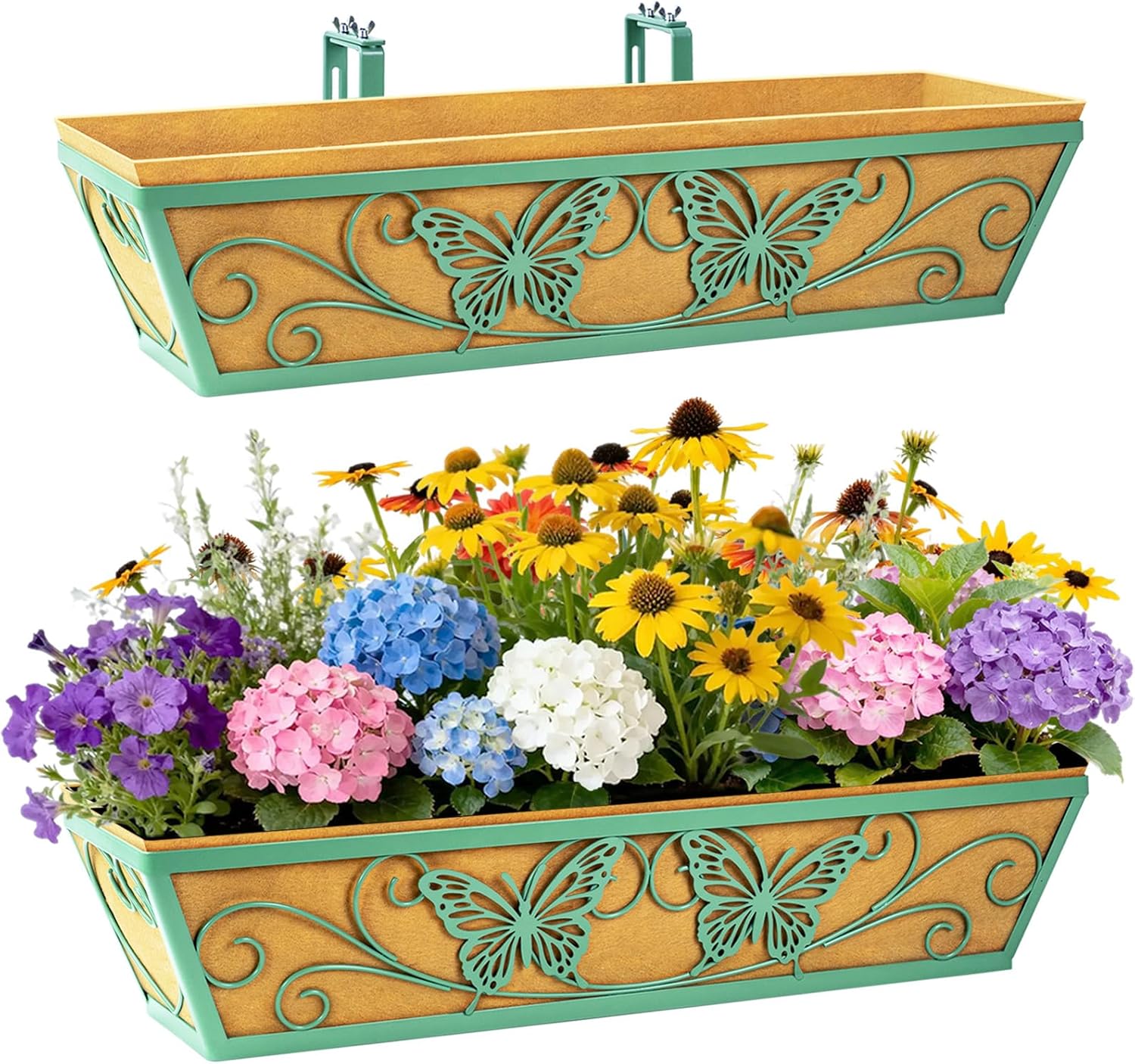 2 Pack 24-Inch Window Boxes Planter with Adjustable Brackets — Horse Trough Style, Butterfly Pattern