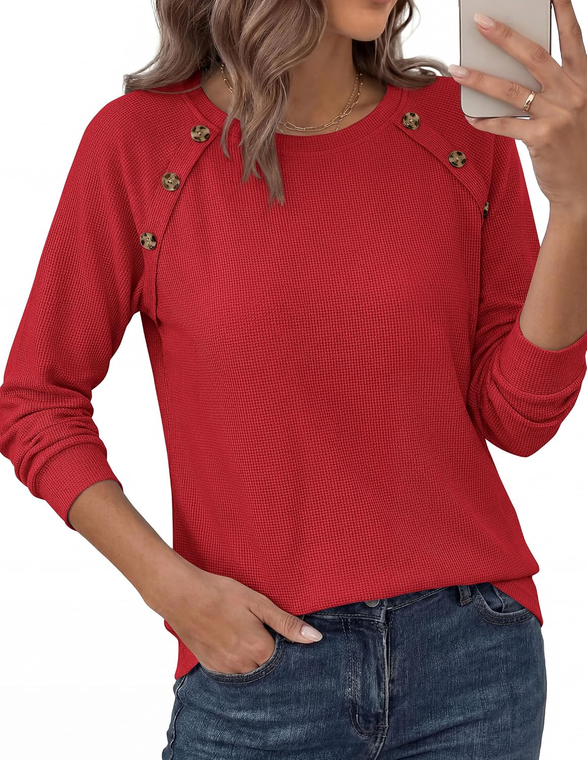 Detalle 2 de PRETTYGARDEN PR1559 Waffle-Knit Tunic Top with Raglan Sleeves