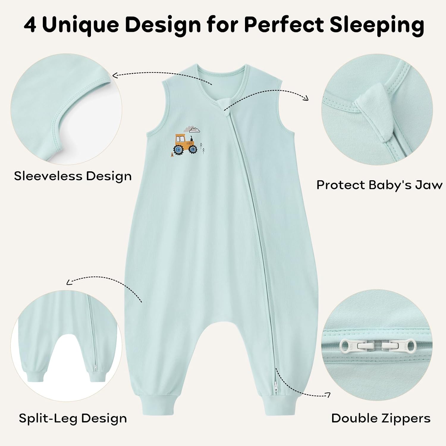 Detalle de Unnivoll Baby Schlafsack mit Füßen 0,5 Tog – 2er Pack, Baumwolle, Grüne Babyschlafsäcke mit Beinen (80 cm)