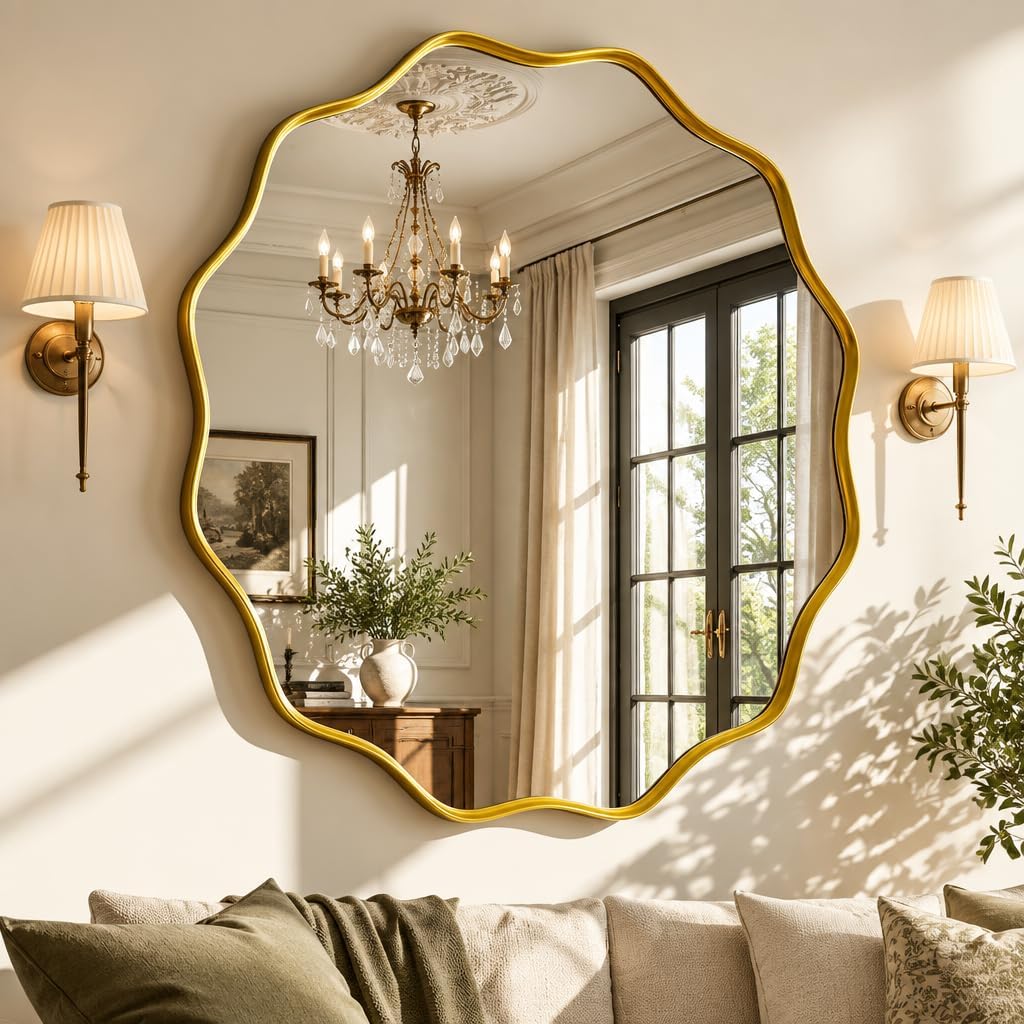Detalle de HARRITPURE 24" Gold Scalloped Round Wall Mirror with Aluminium Frame