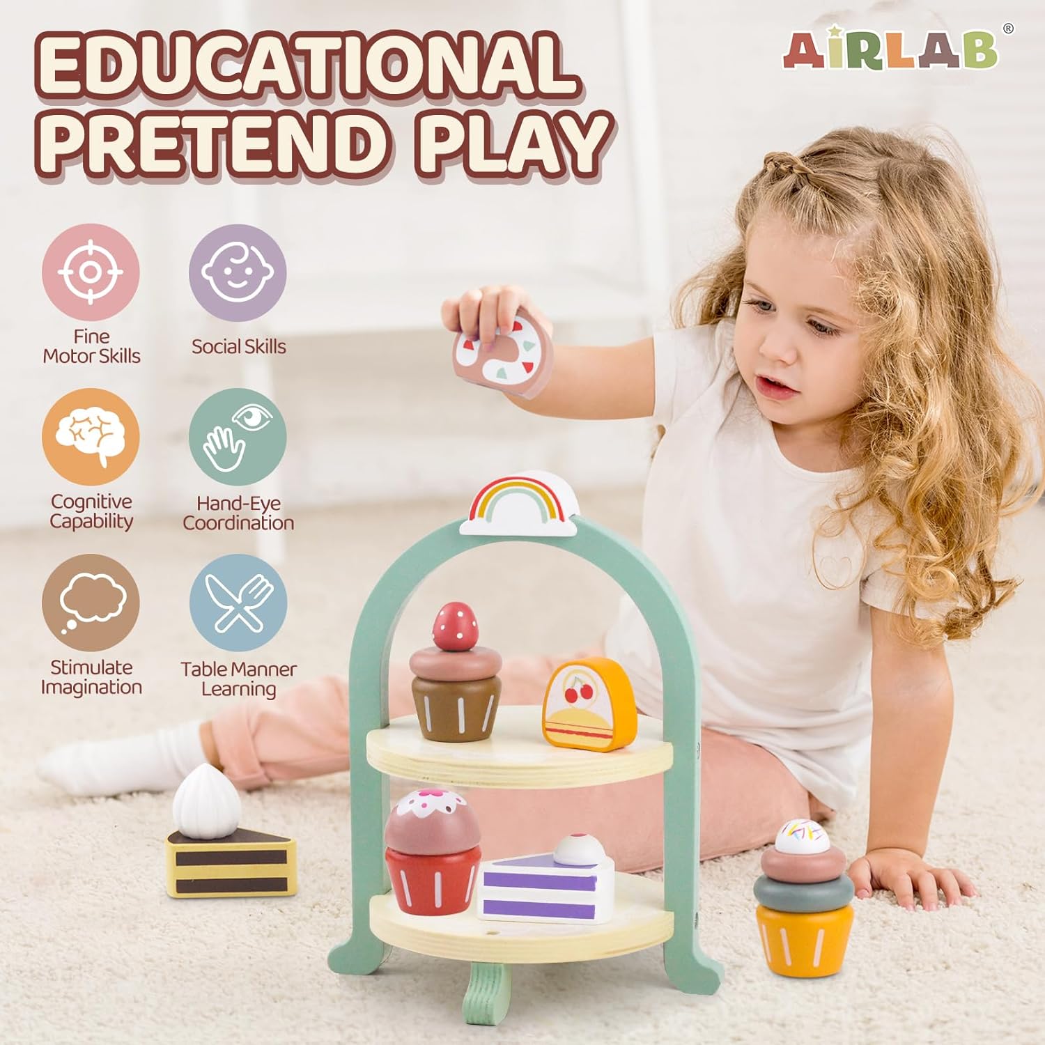 Detalle de Airlab Dessert-Set aus Holz für die Kinderküche – Tee-Set mit Ständer, Kuchen & Cupcakes