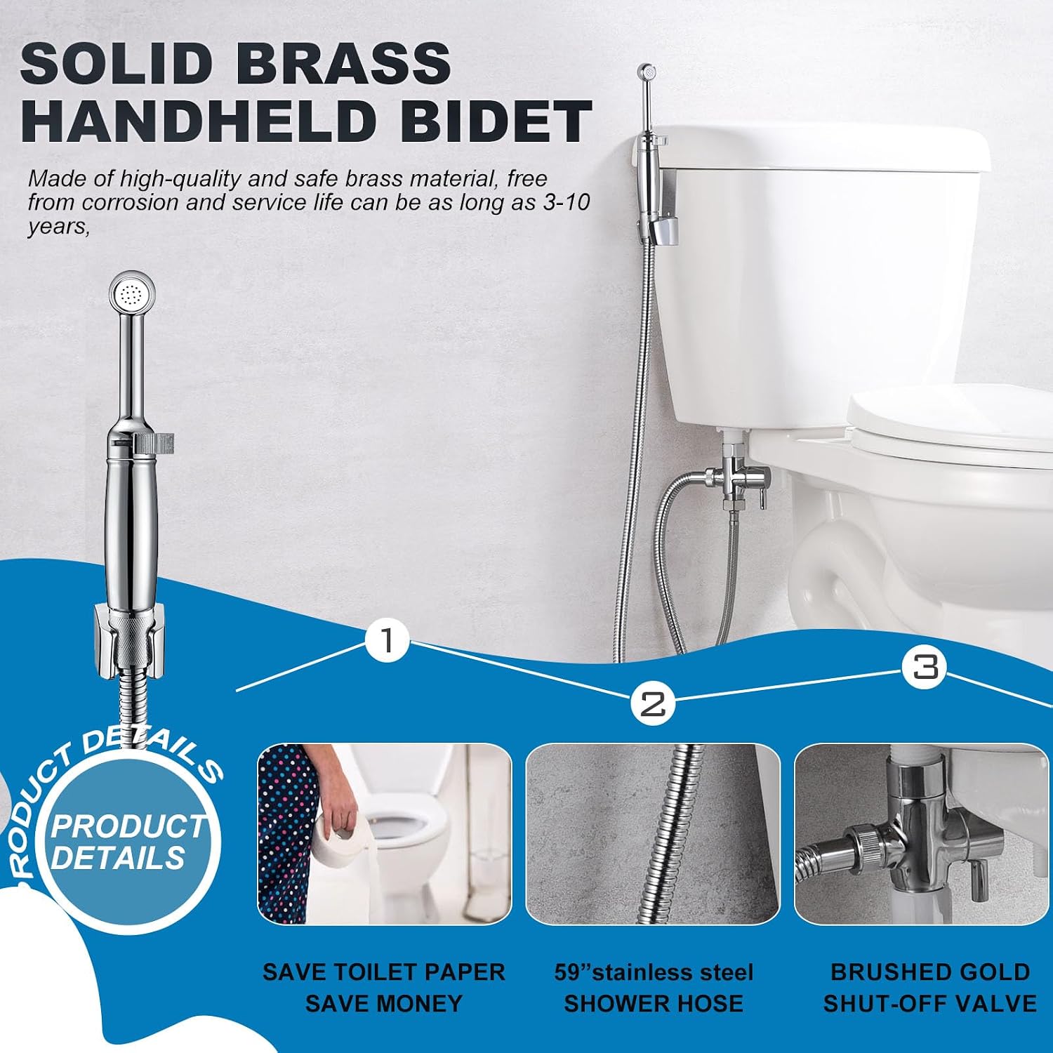 Detalle de SonTiy 719010 Brass Handheld Bidet Sprayer, Chrome, Adjustable Spray, 7.2-Inch Wand