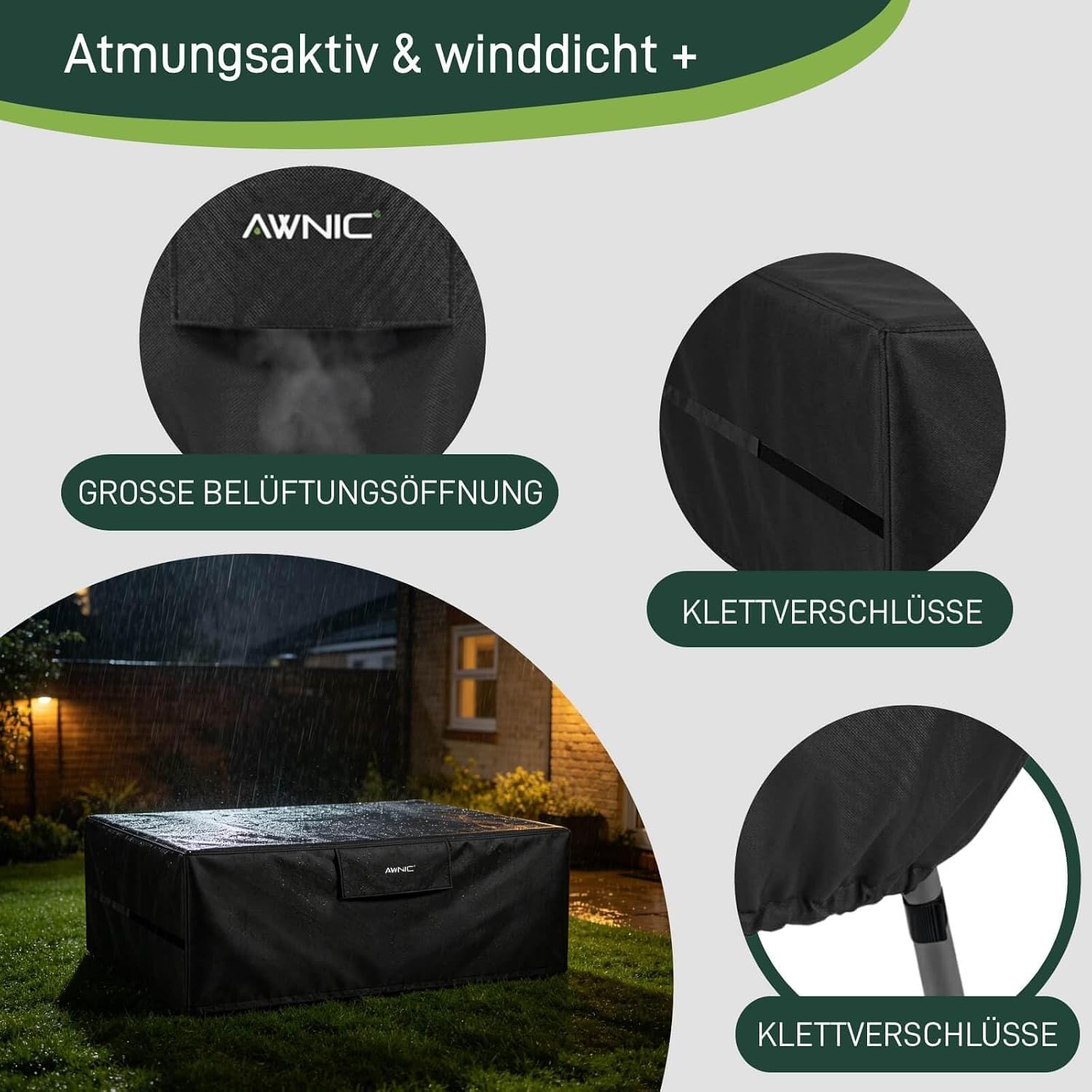 Detalle de AWNIC T160-2D Garden Furniture Cover, Waterproof 420D Oxford, Black, 160 x 160 x 85 cm