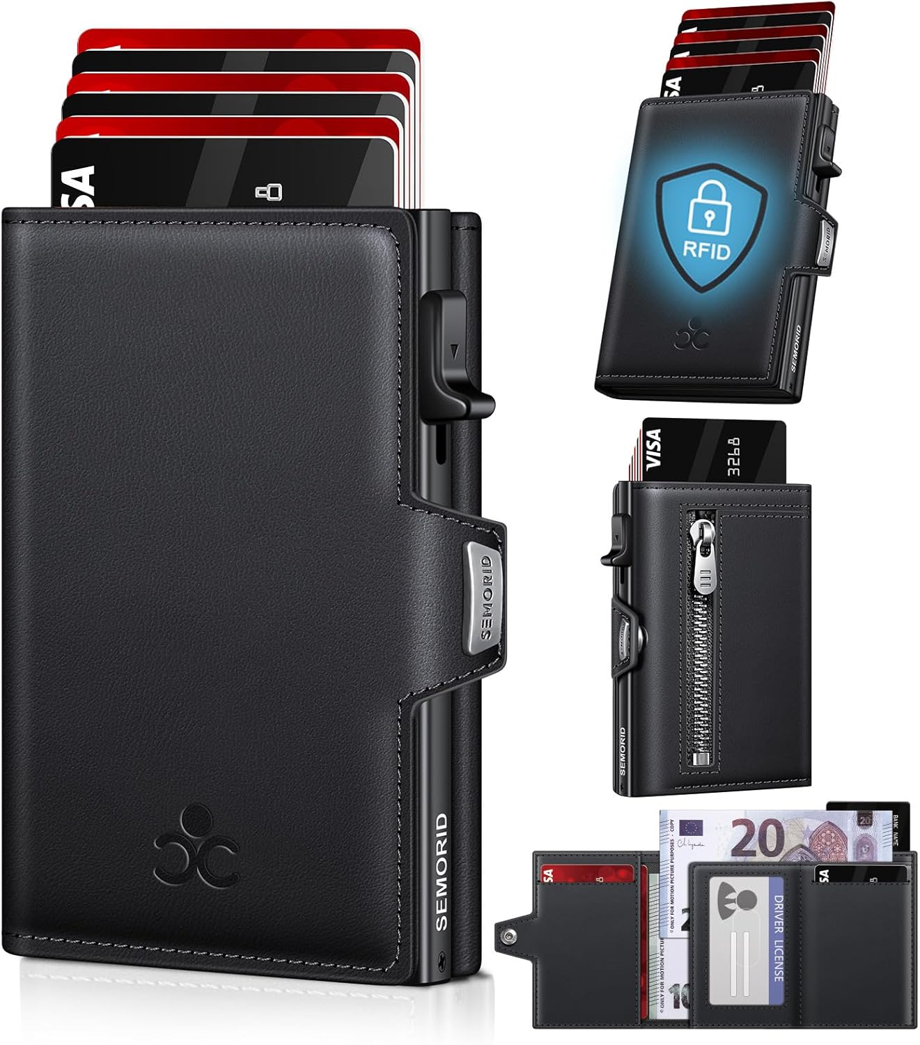 Detalle de Herren-Geldbörse mit Pop-up & RFID-Schutz: Slim Wallet aus 6061-Aluminium (Schwarz)