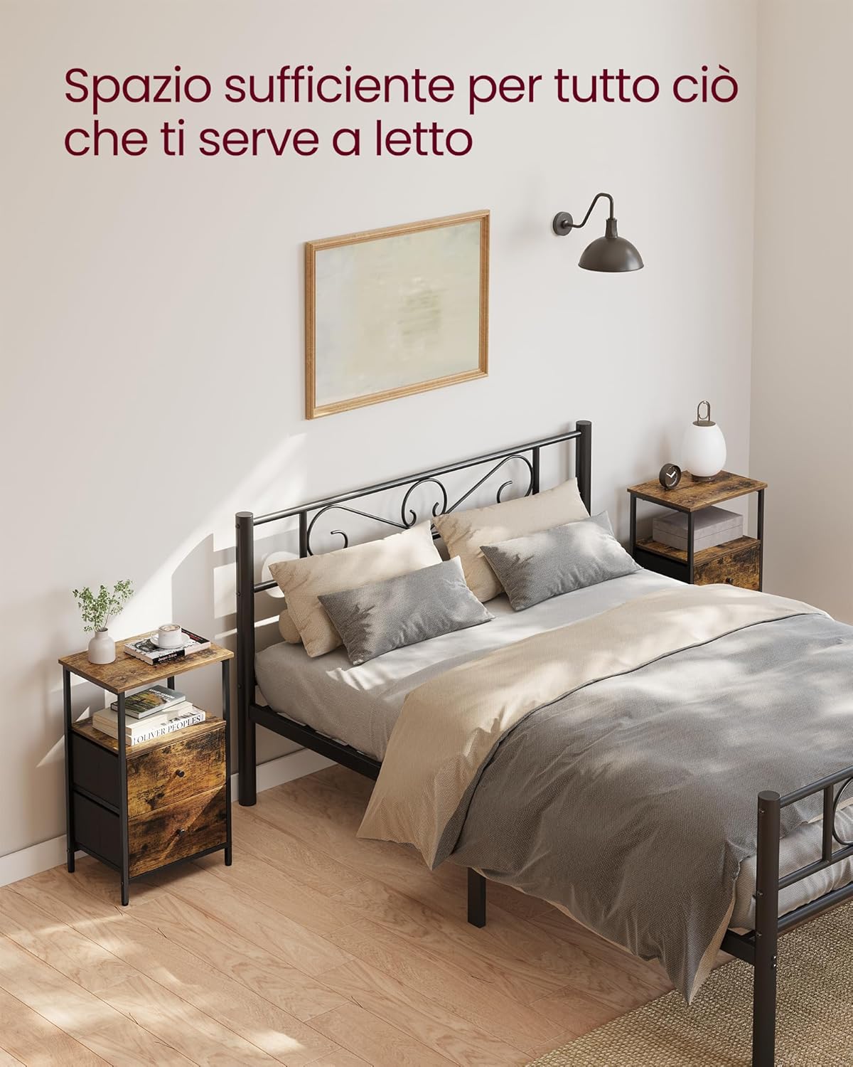 Detalle de VASAGLE Set di 2 Comodini, Tavolino con 2 Cassetti in Tessuto – Marrone Vintage/Nero Opaco, LGS225K01