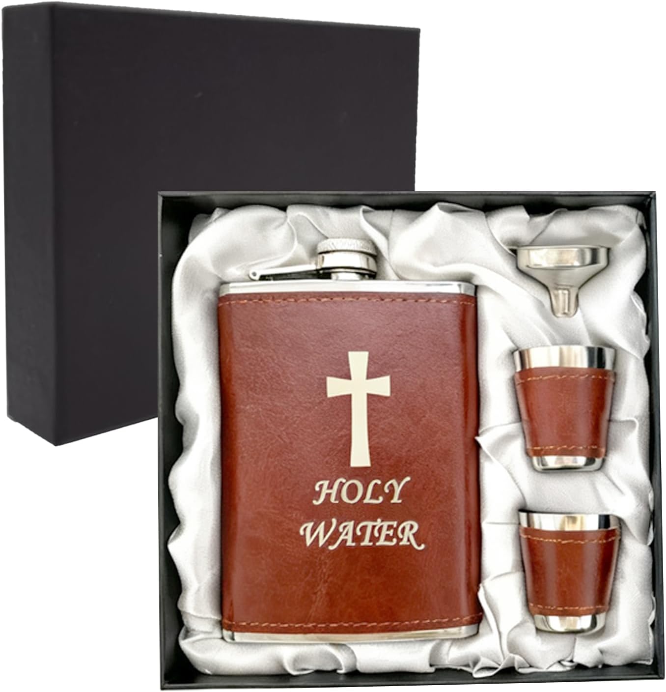 Hip Flask Set with Funnel and Shot Glasses, 8 oz Stainless Steel & PU Leather – Leak-Proof, Brown (Holy Water) – Ideal Gift