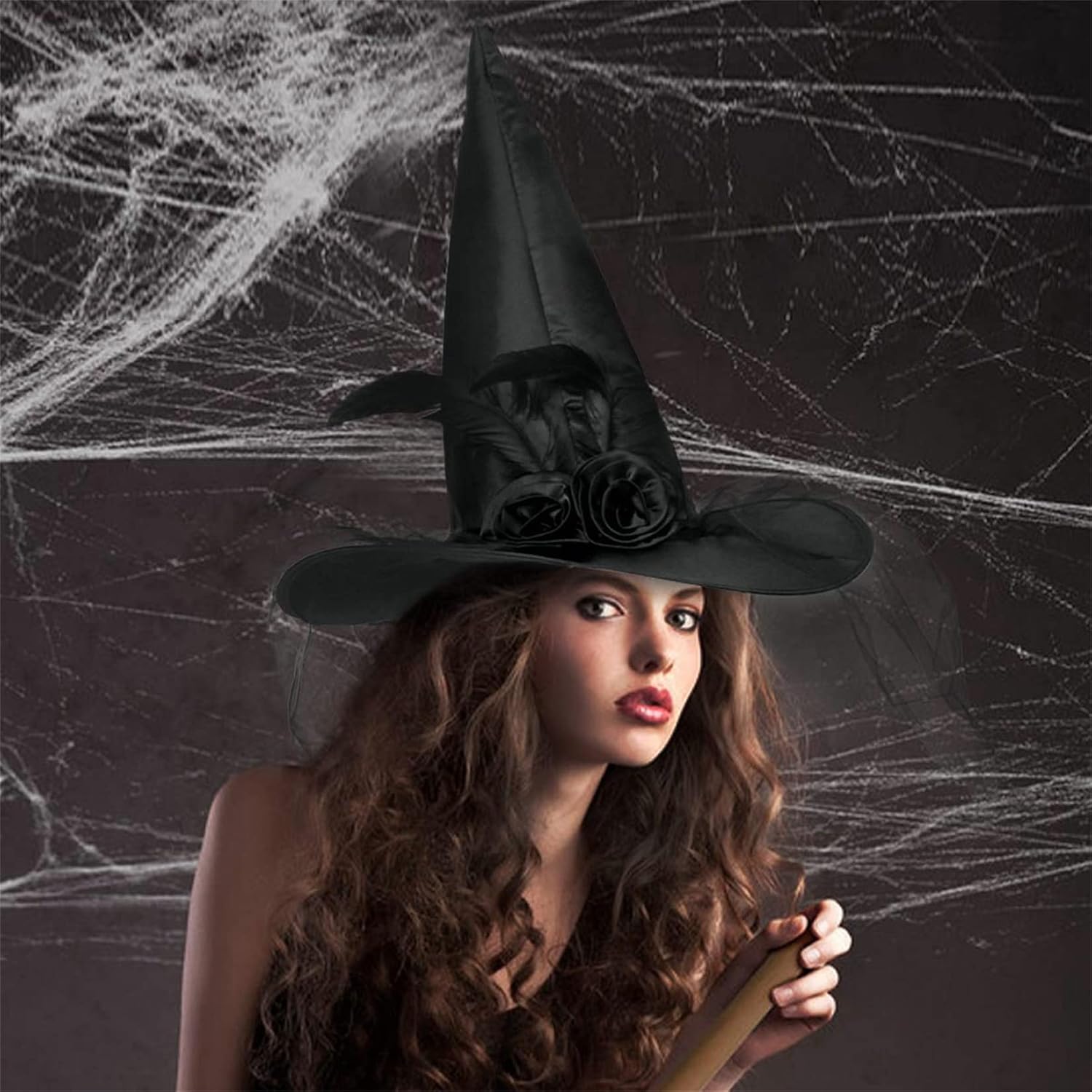 Detalle 1 de JUSTOTRY Halloween Witch Hat, Satin Wide Brim with Roses, Tulle and Feathers