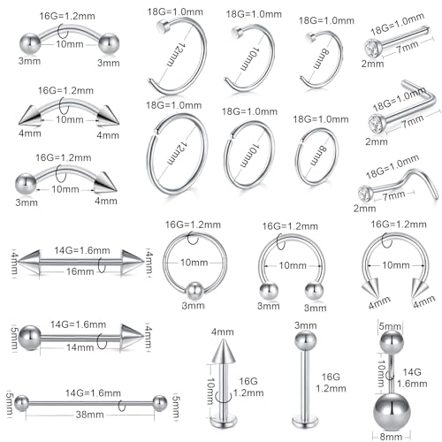 Thumbnail 1 de WillTen 100PCS Piercing Kits for All Piercings (12G, 14G, 16G) with Jewelleries – 316L Stainless Steel