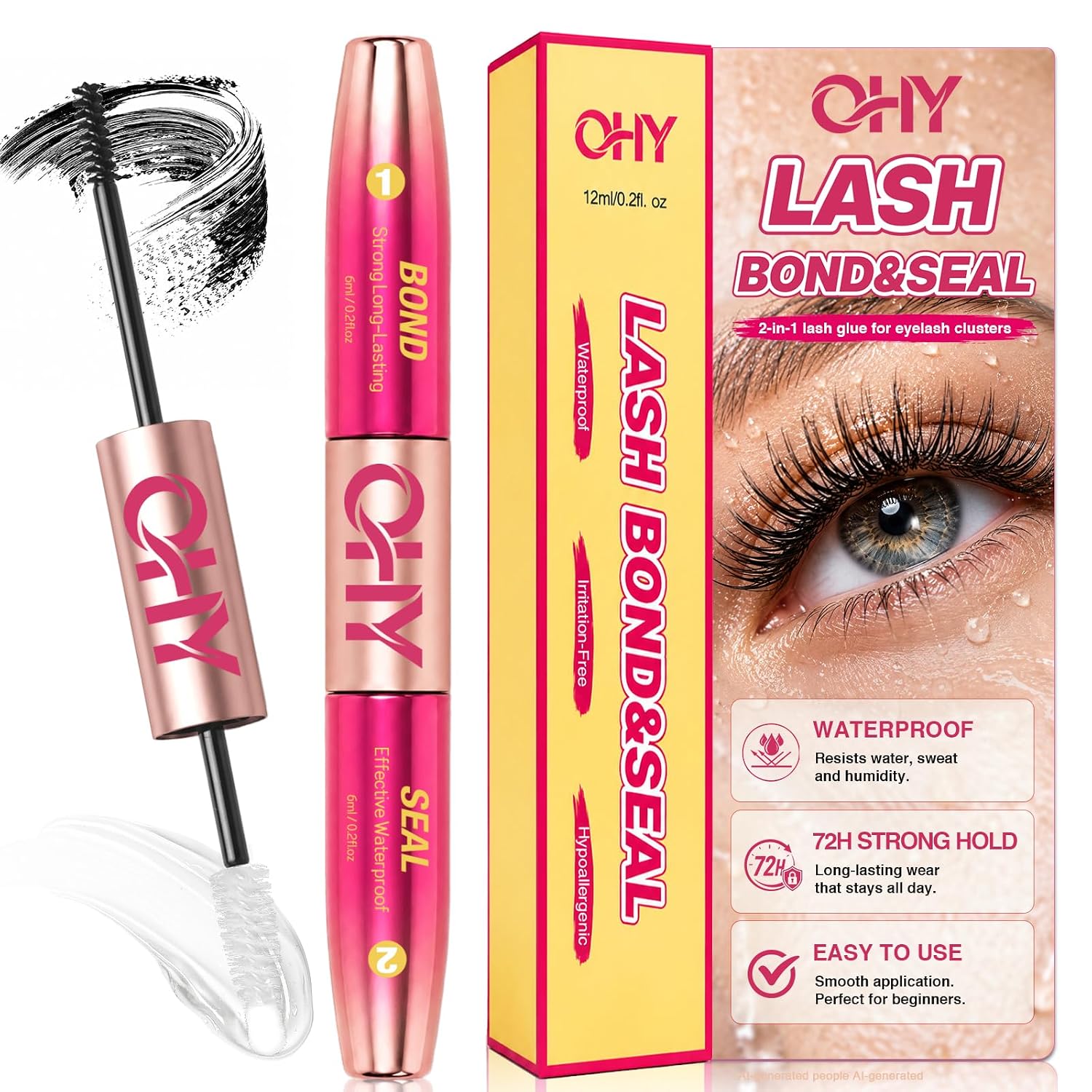 Detalle de OHY Waterproof Lash Cluster Glue, 6 mL Bond + 6 mL Seal, Bendable Brush