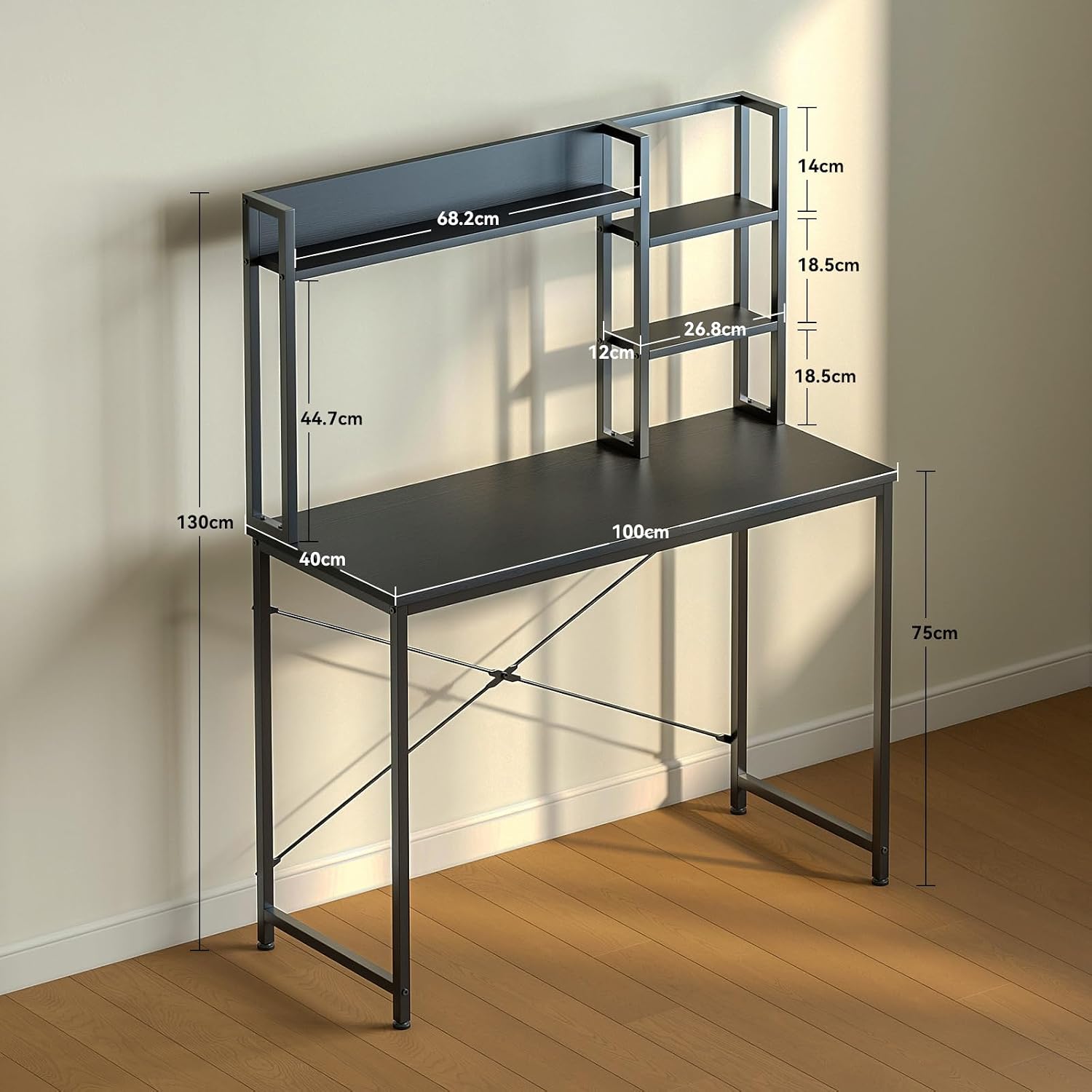 Detalle de Coleshome XDL-JJSCJ-11 skrivbord med hyllor, 100 × 40 cm, svart metall