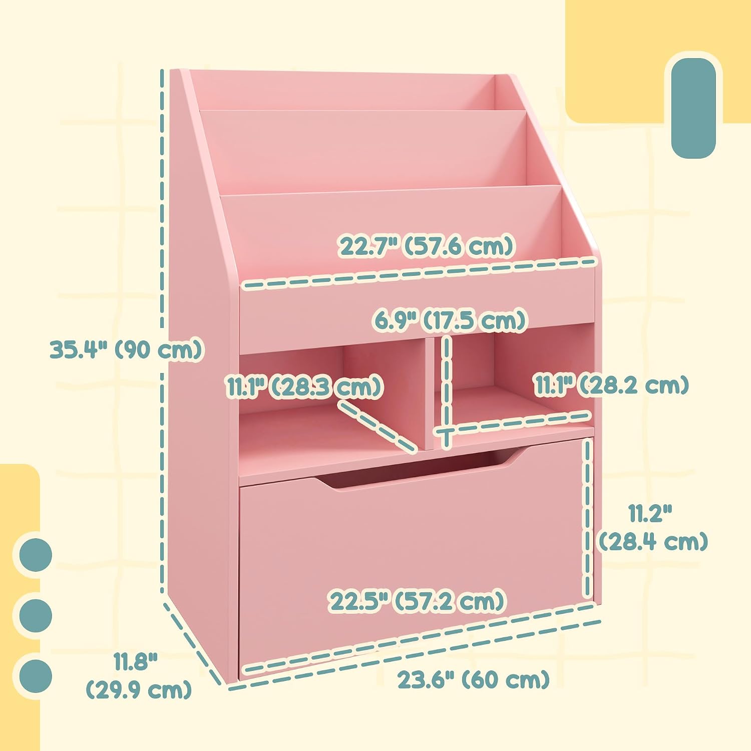 Thumbnail 2 de HOMCOM 311-048V80PK Kids Bookcase, Pink, 3 Shelves and Wheeled Drawer